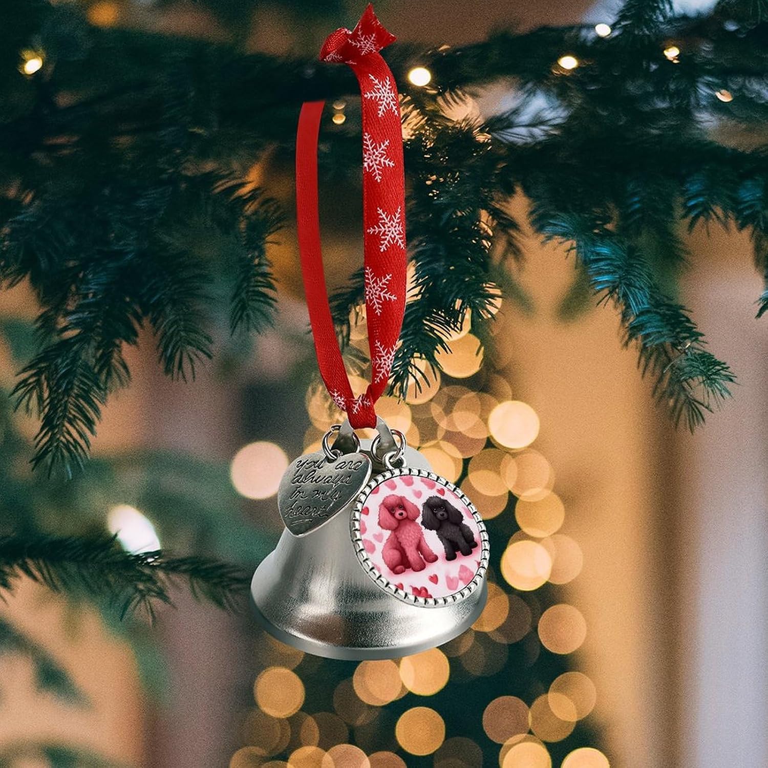 Pink Poodles Dogs Bell Ornament Red Ribbon for Christmas Tree Holiday Decoration Personality Believe Bell Ornaments Sleigh Bells for Winter New Year Party Supplies