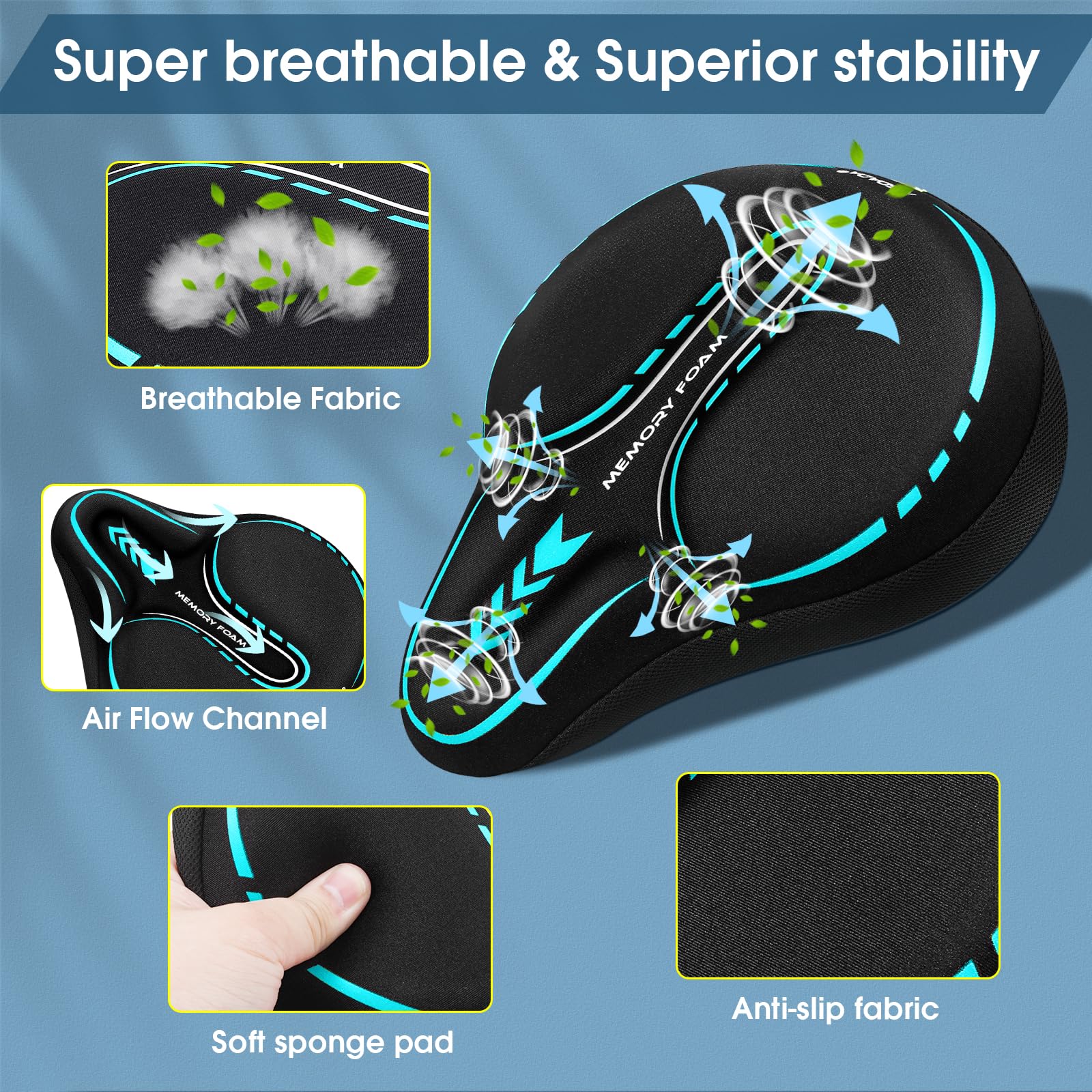 MSDADA Funda grande de gel acolchada para asiento de bicicleta, cojín suave para hombres y mujeres, cómodos accesorios de bicicleta para ciclismo en interiores y exteriores (cian)