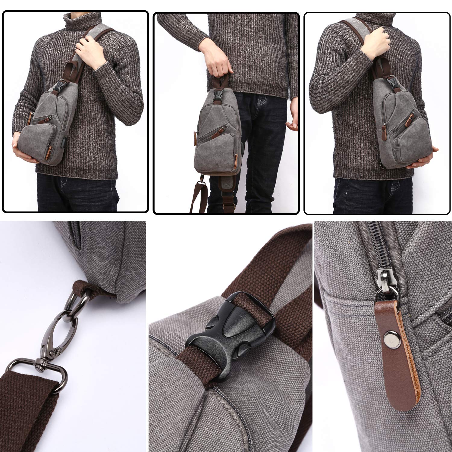 FANDARE Bolsa de Pecho Hombre Bolsa de Lona Bolsa Deportiva de Hombro Bandoleras Cruzada con USB Bolsa de Mochila,Mochilas Pequeñas para Ciclismo,Acampada,Viaje