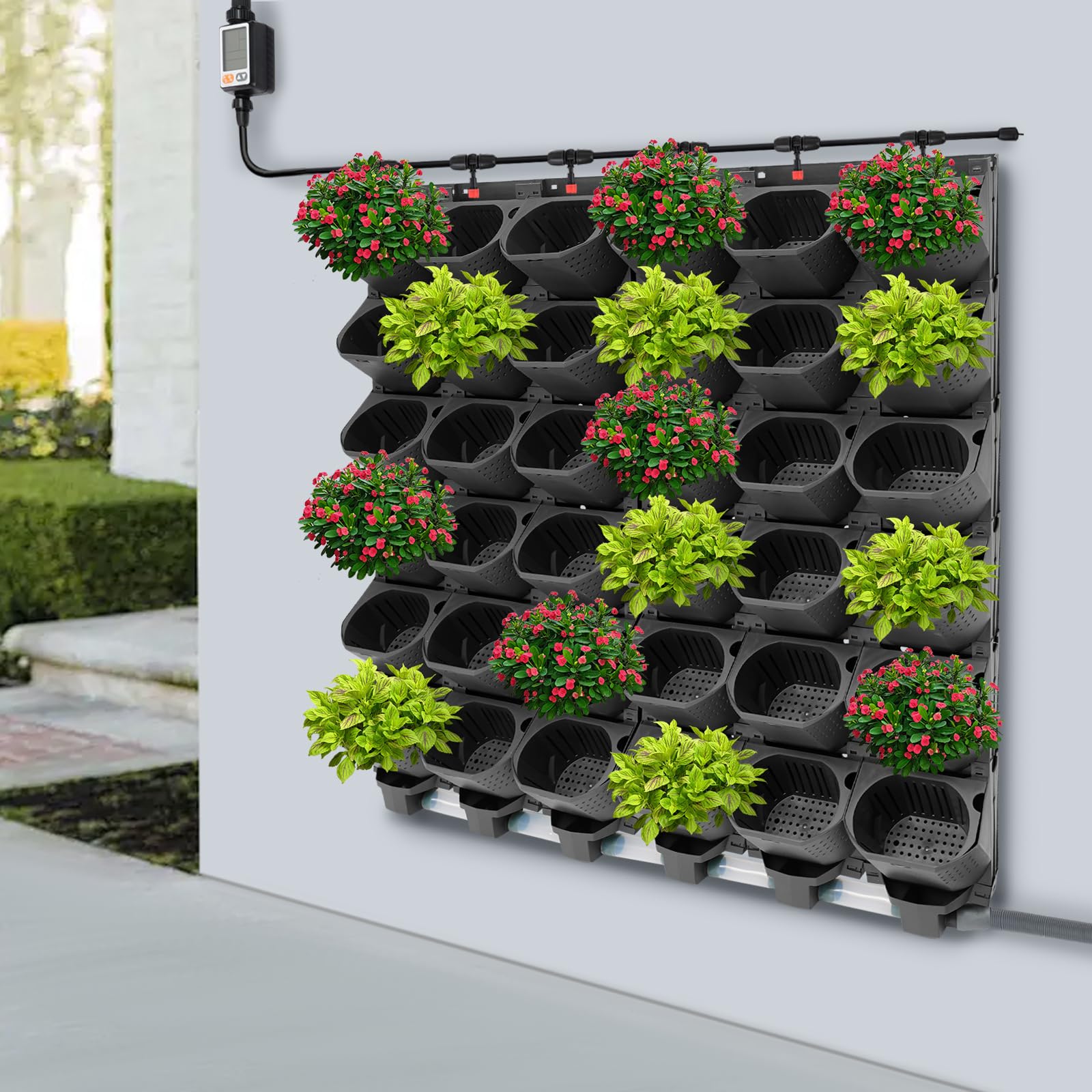 Jardinière Verticale à 36 Poches avec système d'auto-arrosage, Mur végétal Vivant Vertical avec système d'irrigation Automatique, Pots empilables muraux Bac à Planter Mural avec minuterie,Noir