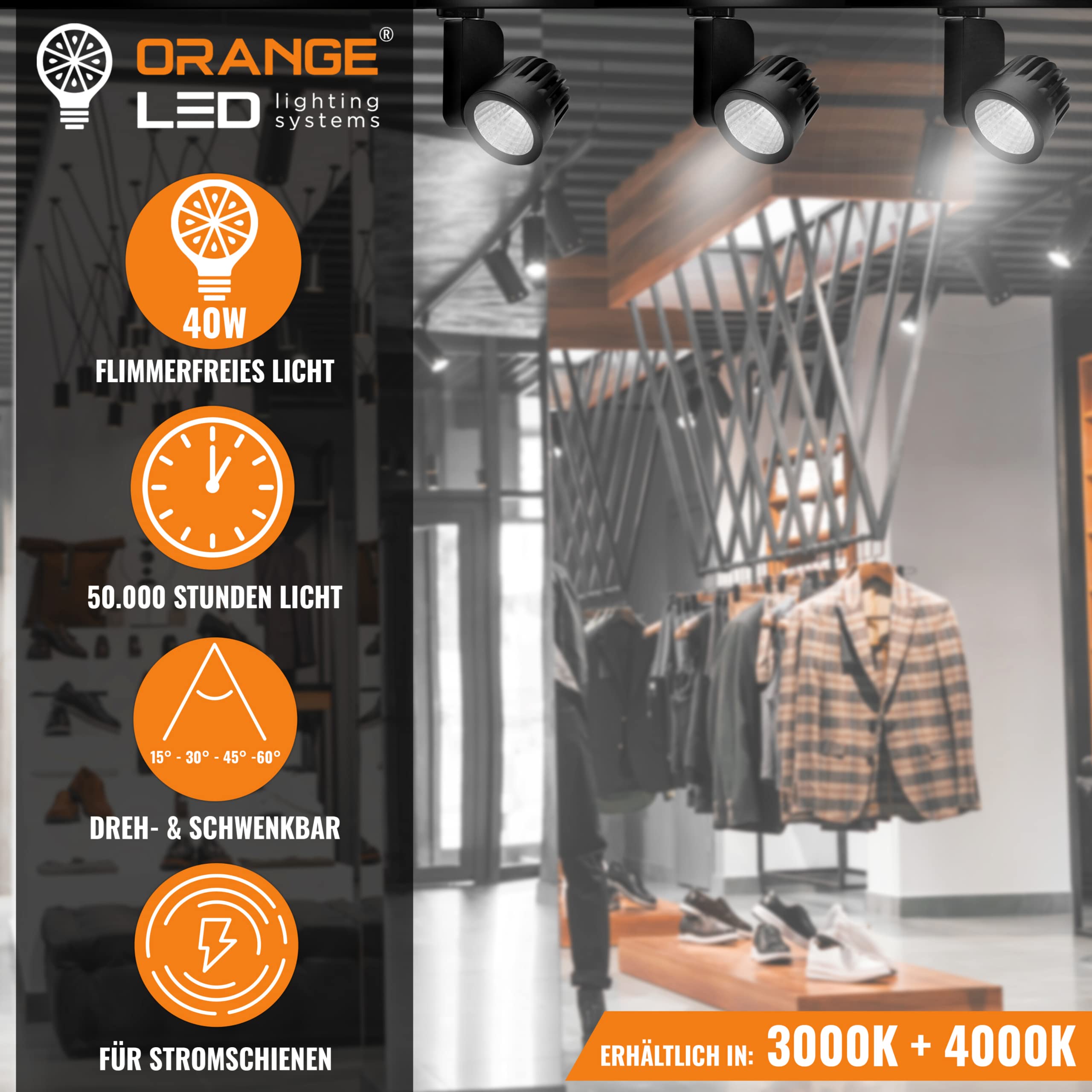 ORANGE LED 3-Phasen Schienen Deckenstrahler - OR-601 LED Spot schwarz - 40W - 30° - hochwertiger LED Strahler für Stromschienen - Schienensystem Leuchte - Stromschienenstrahler (3000K)