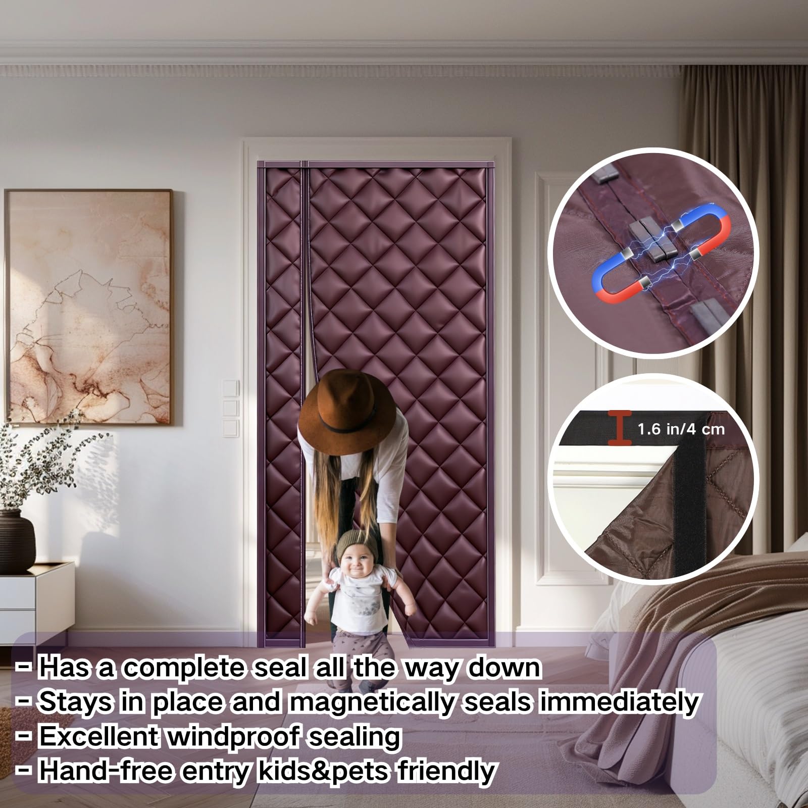 Wärmeschutzvorhang Türvorhang Kälteschutz Magnetischer Thermovorhang Magnet Tür Abdeckung 85x200cm 110x200cm 120x210cm Baumwolle Vorhang for Schlafzimmer, Küche, Balkon(Brown,W 85 x H 210cm)