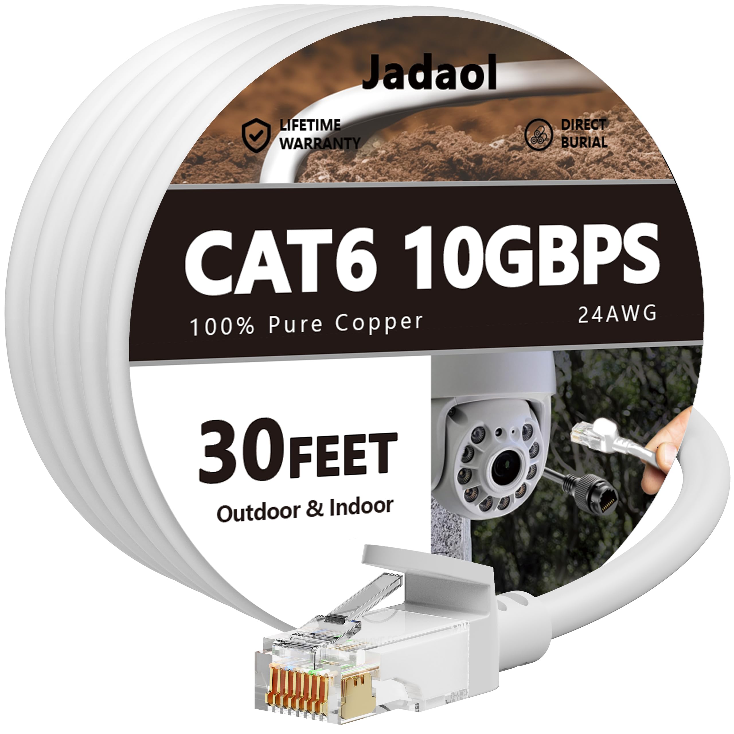 JadaolCat 6 Ethernet Cable 30ft, Outdoor&Indoor, 10Gbps Support Cat8/7 Network, 24AWG Pure Copper Patch LAN Cord, Direct Burial Waterproof In-Ground UV Resistant for Router, Modem, Switch, POE, WhiteCarbonfree Certified