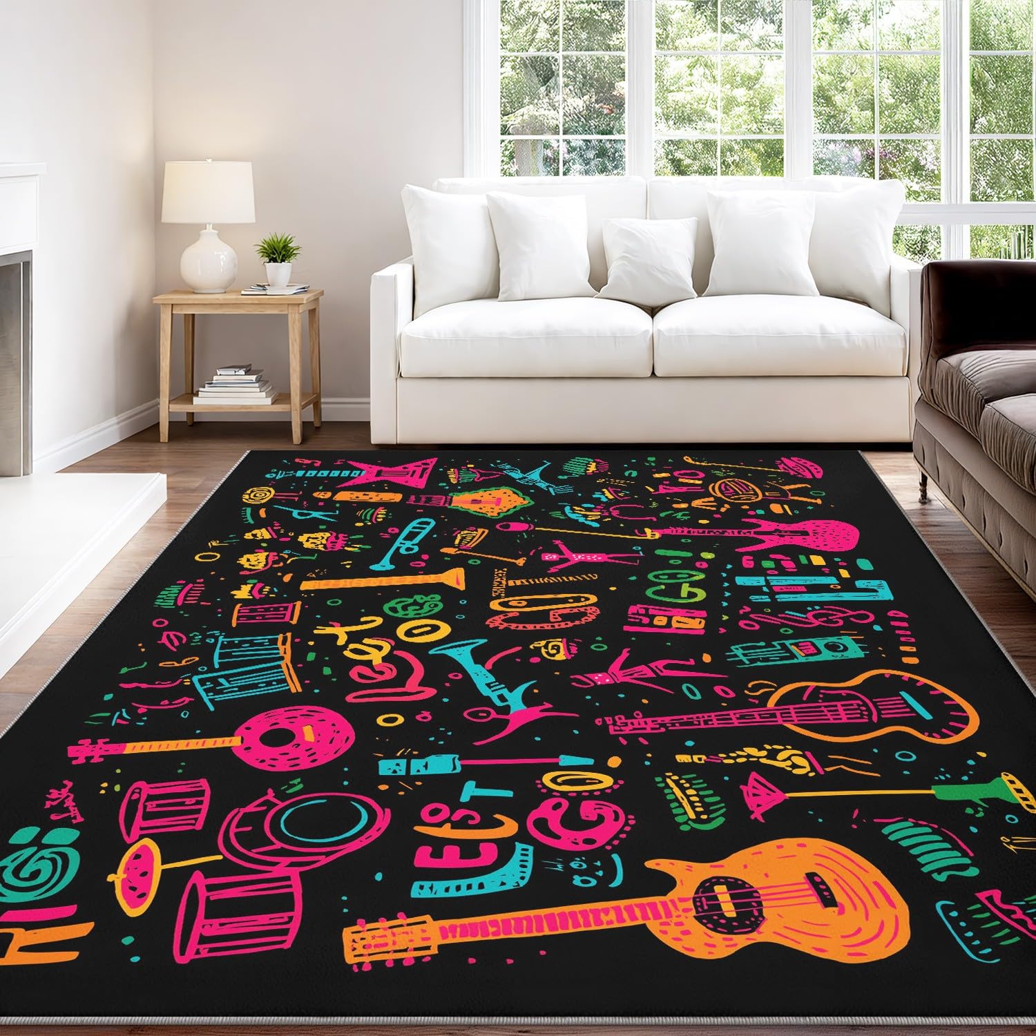 Generico Tappeti stampati 120 x 180 cm, Vettoriale Piatto Tappeto antiscivolo Strumenti Musicali Simboli Musicali Energetico, Tappeti lavabili Aula di Musica Sala Giochi, Nero Rosa