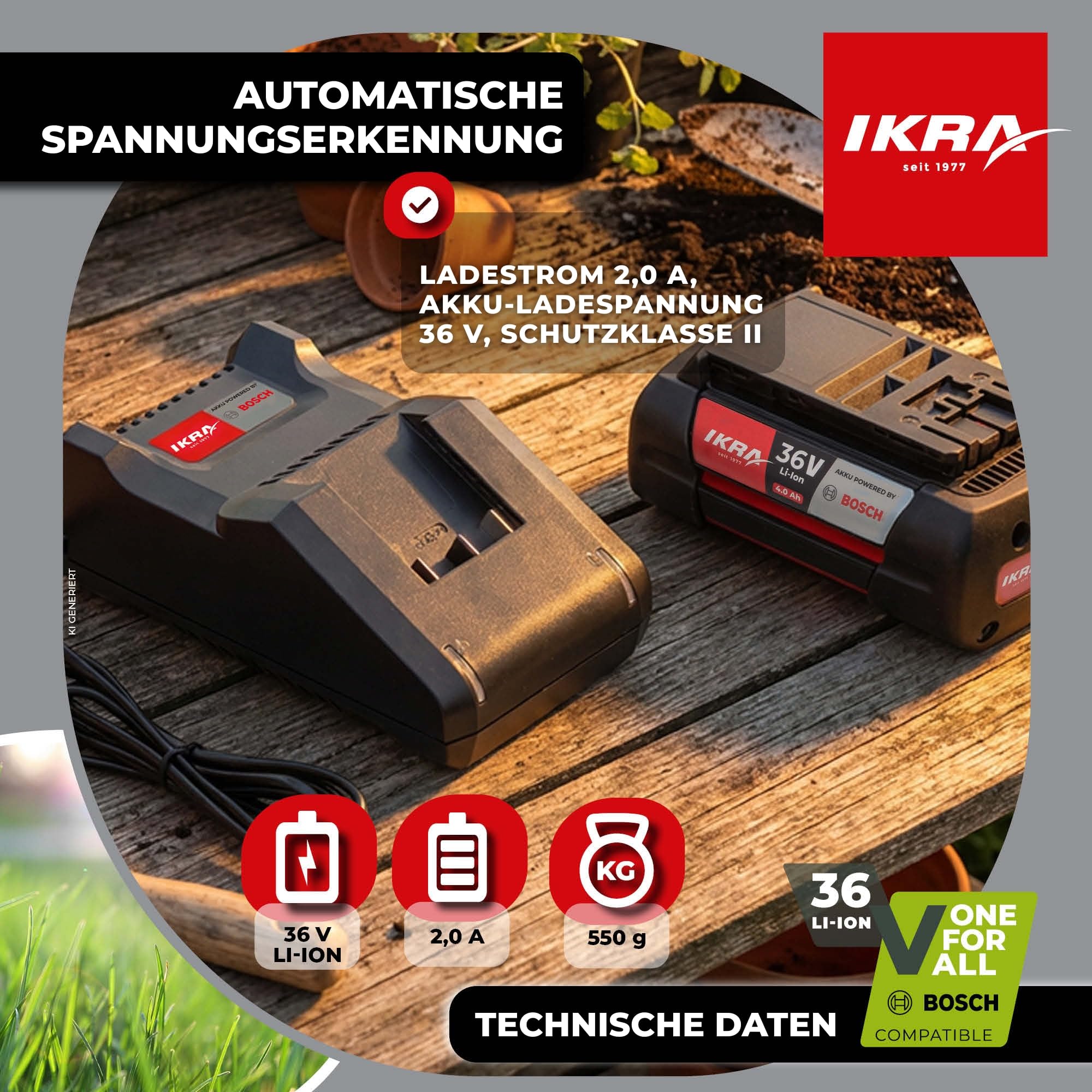 IKRA 36V Akku Ladegerät Ladestation Typ AL 36V-20 mit LED Anzeige, kompatibel mit Allen Bosch 36 Volt Geräten