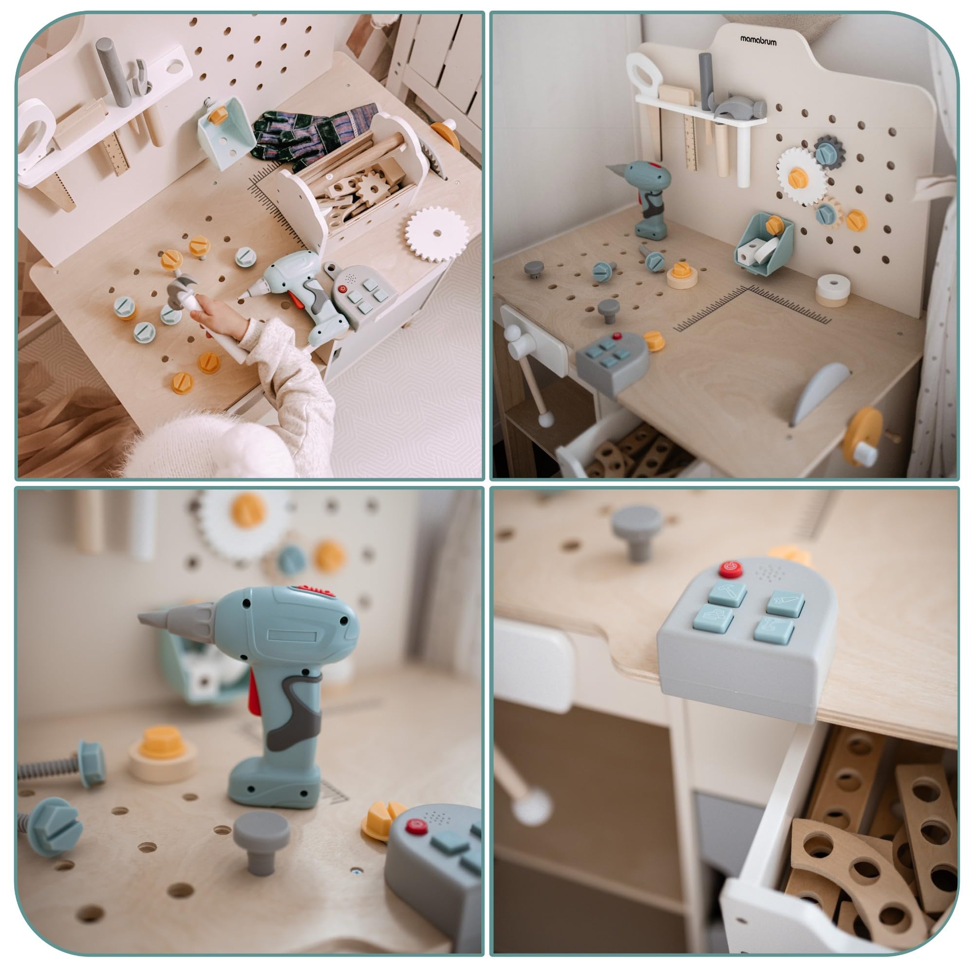 mamabrum Banco Trabajo Madera para Niños - Mesa Herramientas XXL con 74 Piezas, Taladro Eléctrico y Sierra Circular - Altura Ajustable 97-103cm - A Partir de 2 Años