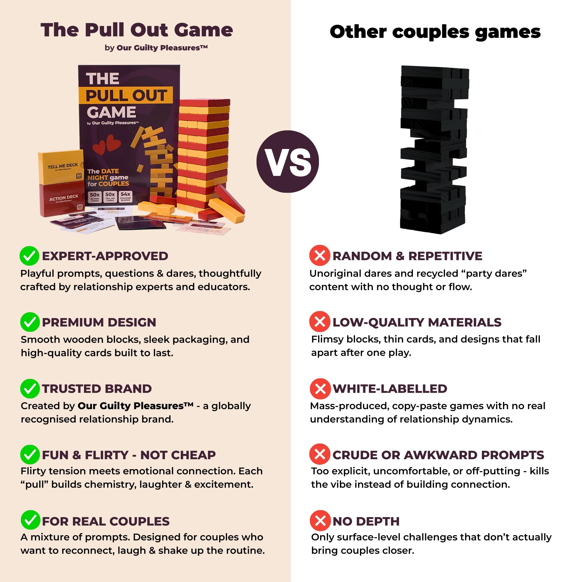 Our Guilty Pleasures The Pull Out Game - Flirty Date Night Game for Couples, Romantic Block Tower with 100 Cards, 50 Action & 50 Tell Me - Perfect for Any Relationship or Valentines Day Gift