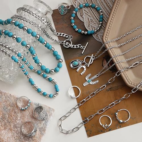Miniatura 7 de IFKM Bohemian Jewelry Set With Turquoise Necklace, Dangle Earrings, Stackable Bangle Bracelets, Knuckle Rings For Women Vintage Western Boho
