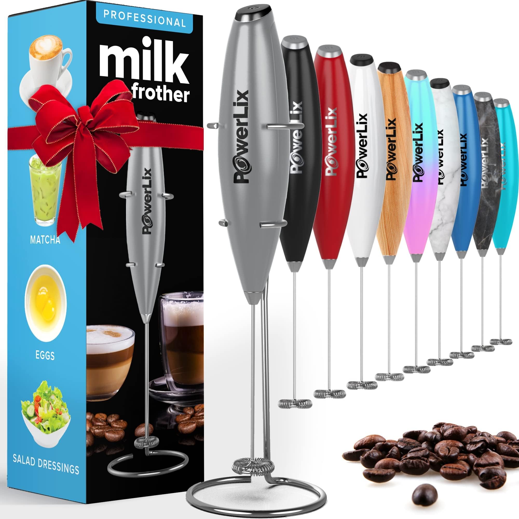 PowerLix Powerful Handheld Milk Frother With Stand Battery Operated Foam Maker Frother Wand For Coffee (A Black) (Silver)