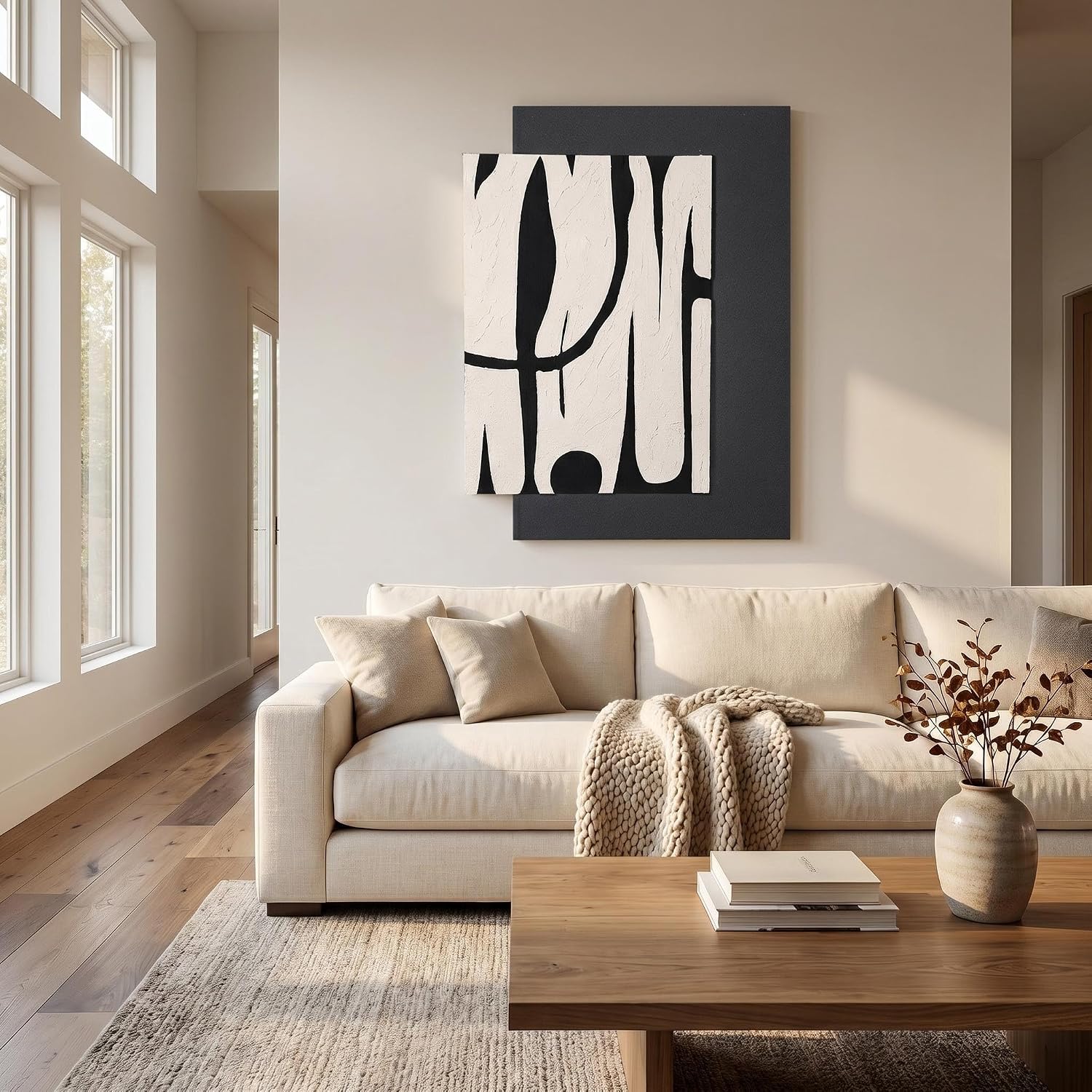 AMAATE 24×36 Inch 3D Textured Black White Abstract Wall Art, Modern Relief Sandstone Wall Decor for Living Room Bedroom, Framed Artwork