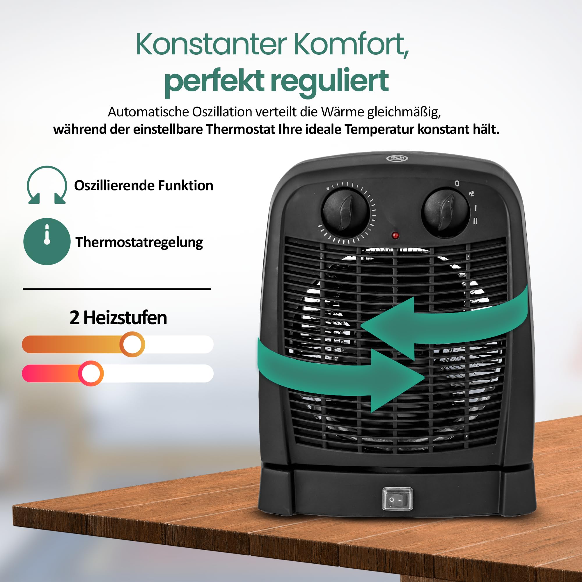EMERIO Calentador de ventilador | para habitaciones de hasta 20 m² | 2000 W | IP21 | 2 niveles de calor | termostato ajustable | oscilante | función de ventilador | protección antivuelco | FH-111910.2