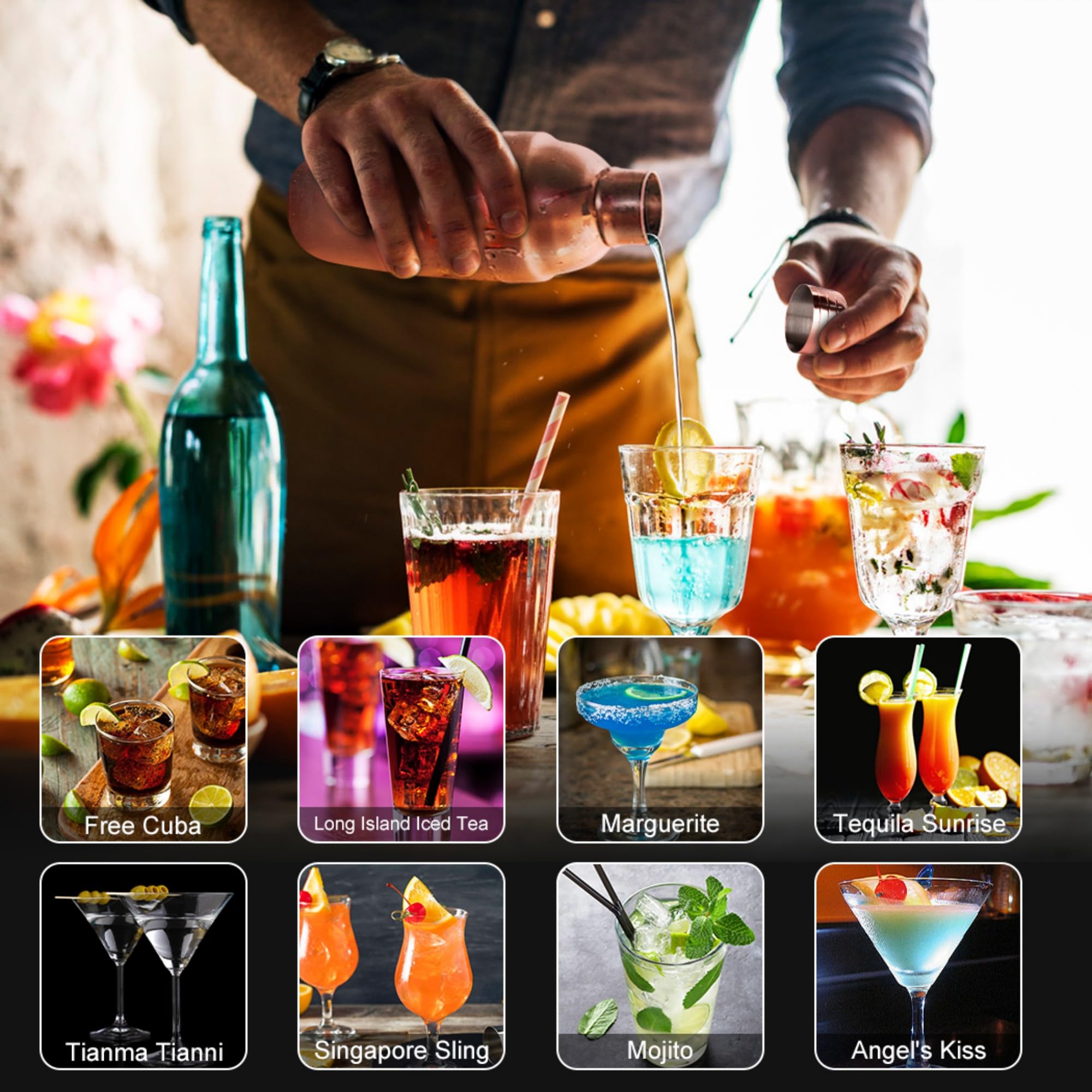 KinGrow Juego de coctelera de 23 Piezas con Soporte acrílico y folleto de Recetas de cócteles, Herramientas Profesionales de Bar para Mezclar Bebidas, hogar, Bar, Fiesta (Incluye 4 Piedras de Whisky)
