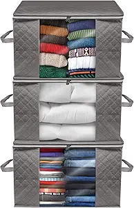 Sorbus Jumbo Storage Bag Closet Organizers with Carry Handles, for Clothes Comforters, Blankets, Bedding, Linens, Foldable, Sturdy Zippers, Clear Window, 3-Pack (Gray)