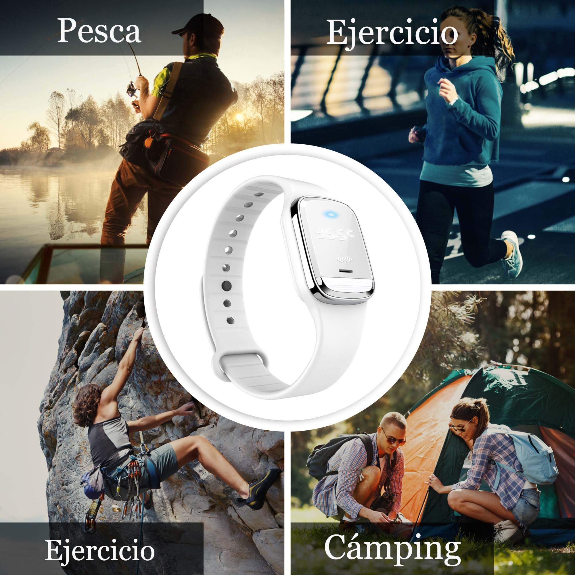 Pulsera Repelente de Mosquitos Ultrasónico Recargable USB Impermeable con Pantalla de Temperatura Corporal Blanco
