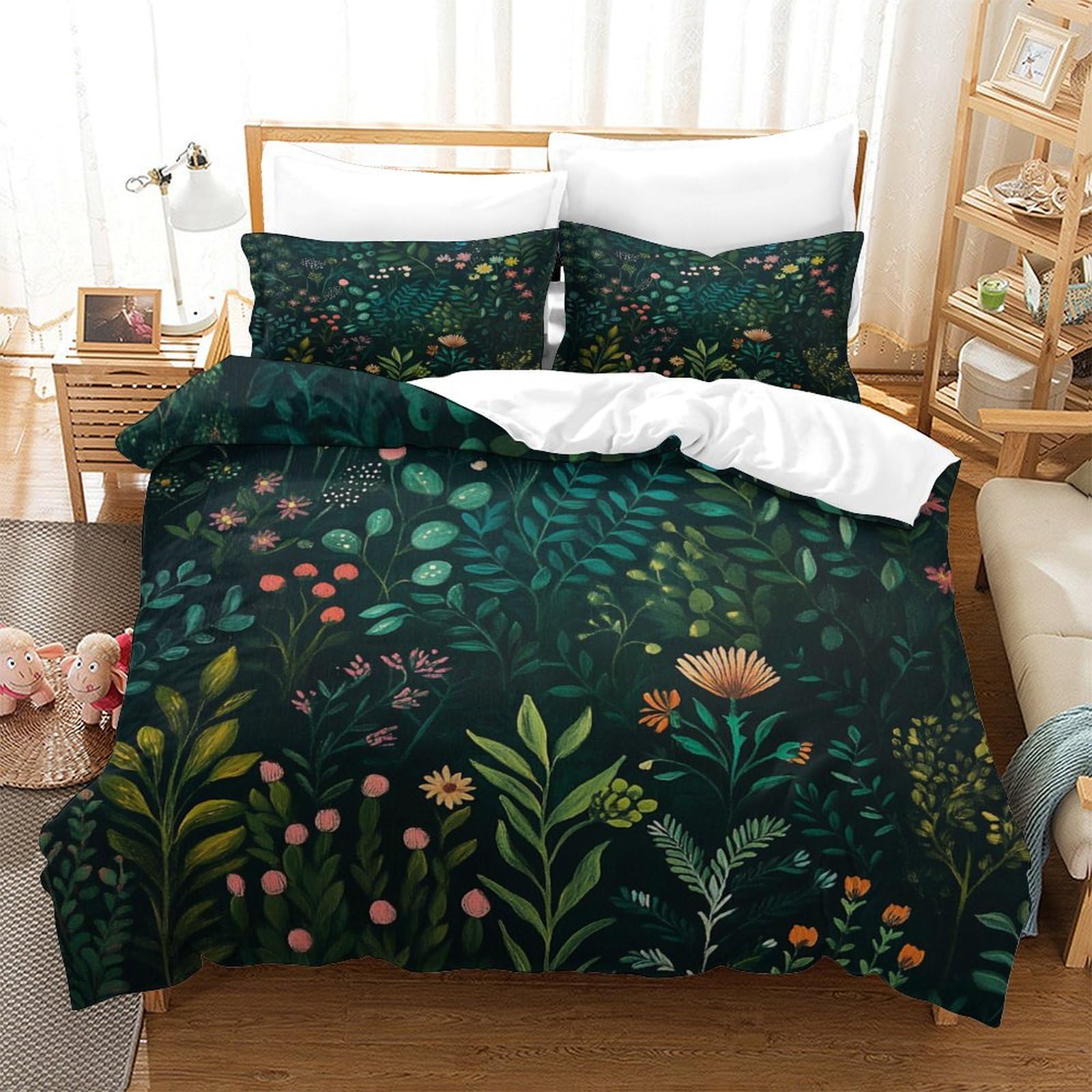 Zzvrmcyld Boys Style-9 Green Duvet Cover Set With Pillowcase Tree Branch Flower Dark Green Plant Duvet Quilt Cover 3D Bedding Set For Kids Girls Teens Microfiber Comforter Cover Hidden Zipper Single（140X200cm）