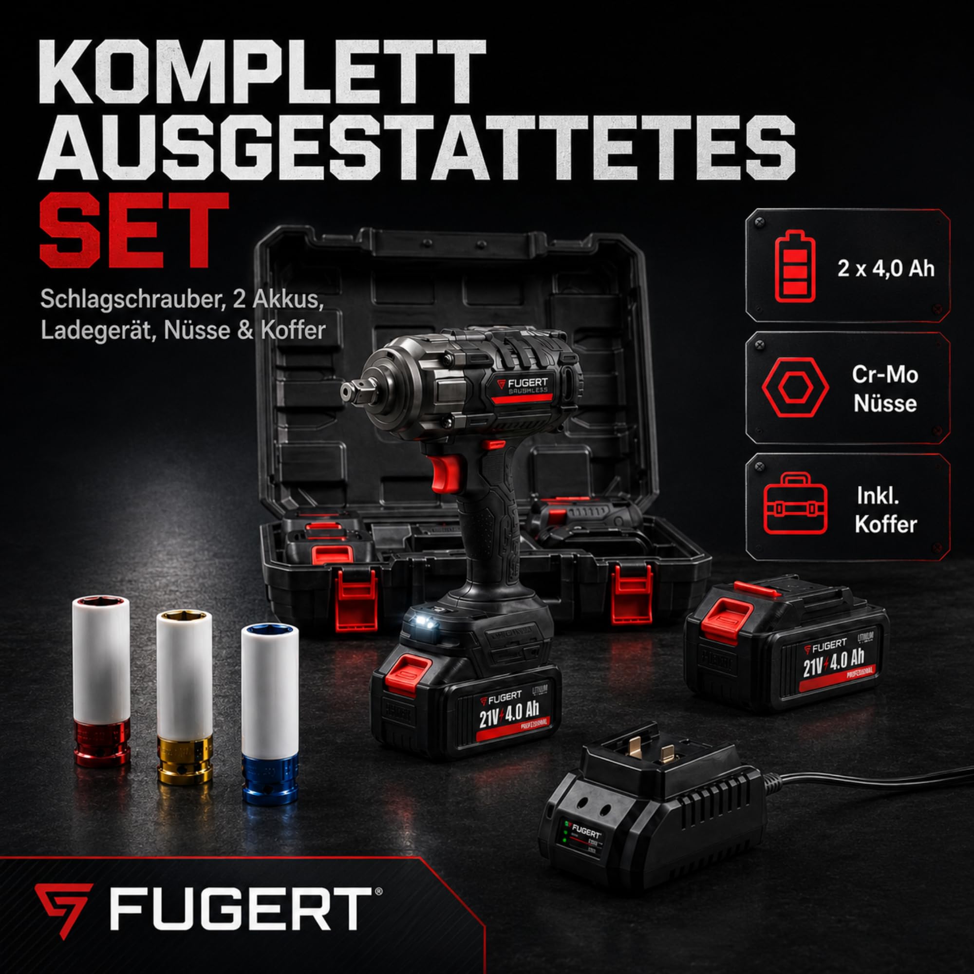 Akku Schlagschrauber 1/2 Zoll mit 2 Akkus 4.0Ah – 850Nm – Bürstenloser Motor – 3 Stufen + RSS-MODUS – Komplett-Set mit farbcodierten Nüssen & Koffer – Perfekt für Auto & Reifenwechsel