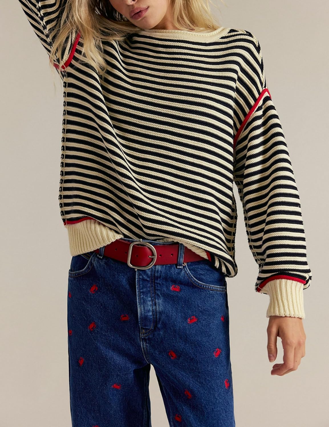 Womens Long Sleeve Striped Sweaters Casual Warm Crew Neck Knit Pullover Sweater Tops - Image 2