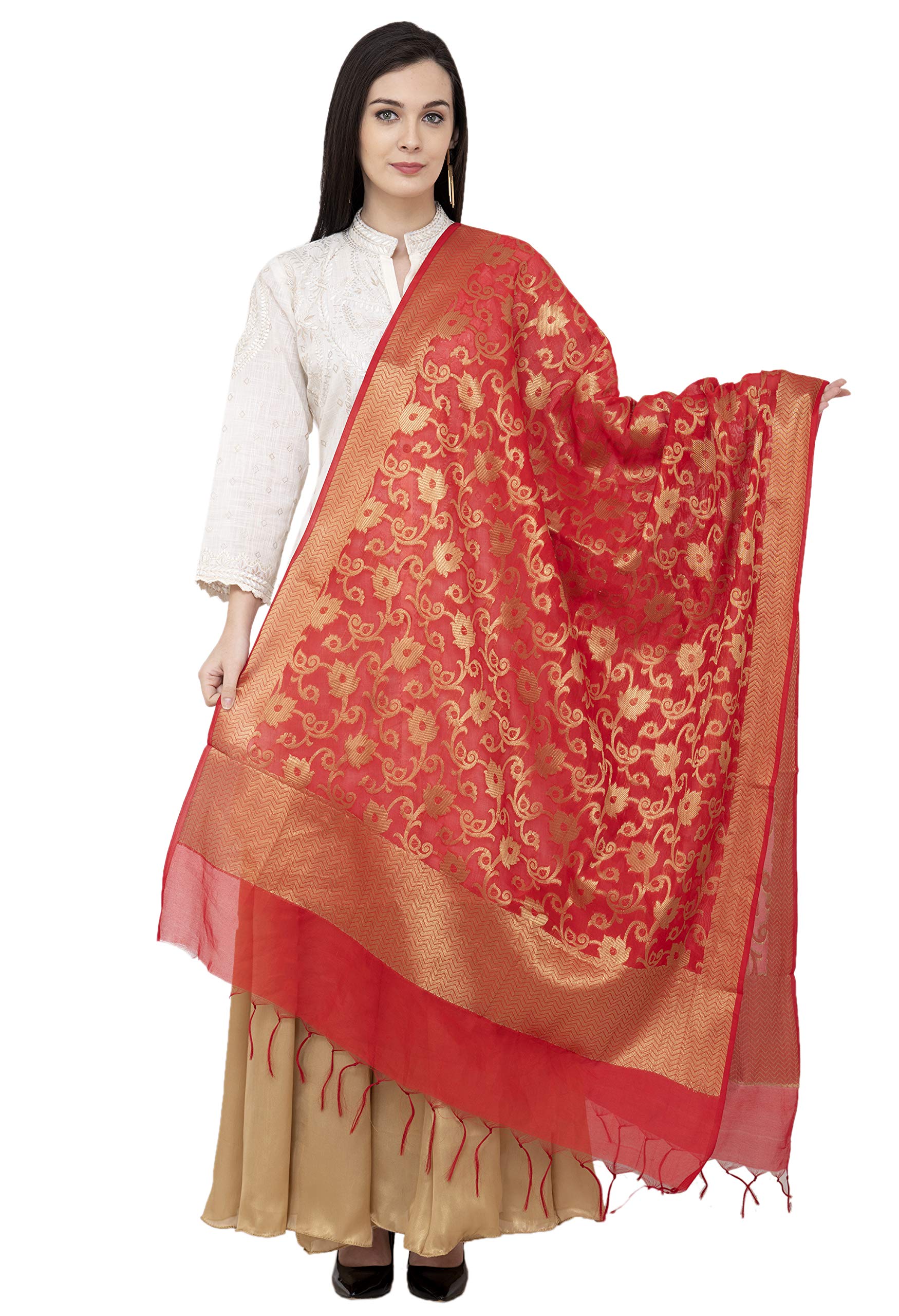 Women s Zari Embroidery Chanderi Fancy Dupatta(sc(SC-ARS063, Red)-image-5