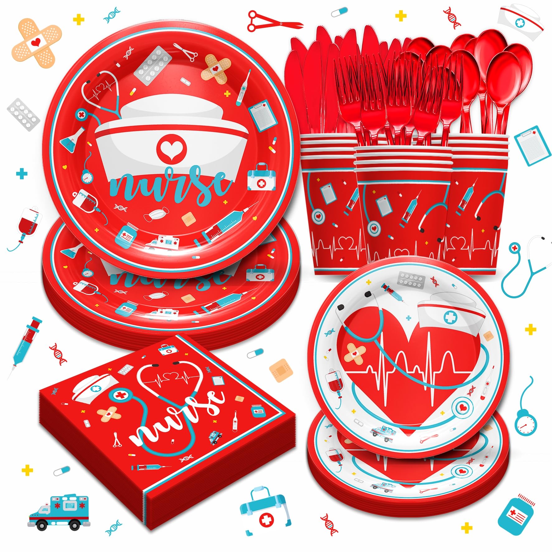 Nurse Graduation Party Supplies - Nurse Congrats Grad Party Disposable Tableware, Include Plates, Cups, Napkins, tablecloth, hanging decorations for Nurse Party Decorations