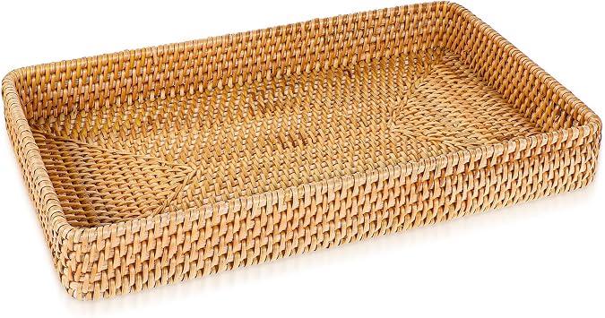 Wicker Storage Basket Rattan Tray Rectangular Wicker Basket Decorative Serving Tray Fruit Baskets Food Serving Holders Woven Baskets for Storage Home Kitchen Restaurant Decor 14.6 x 9 x 2 inches