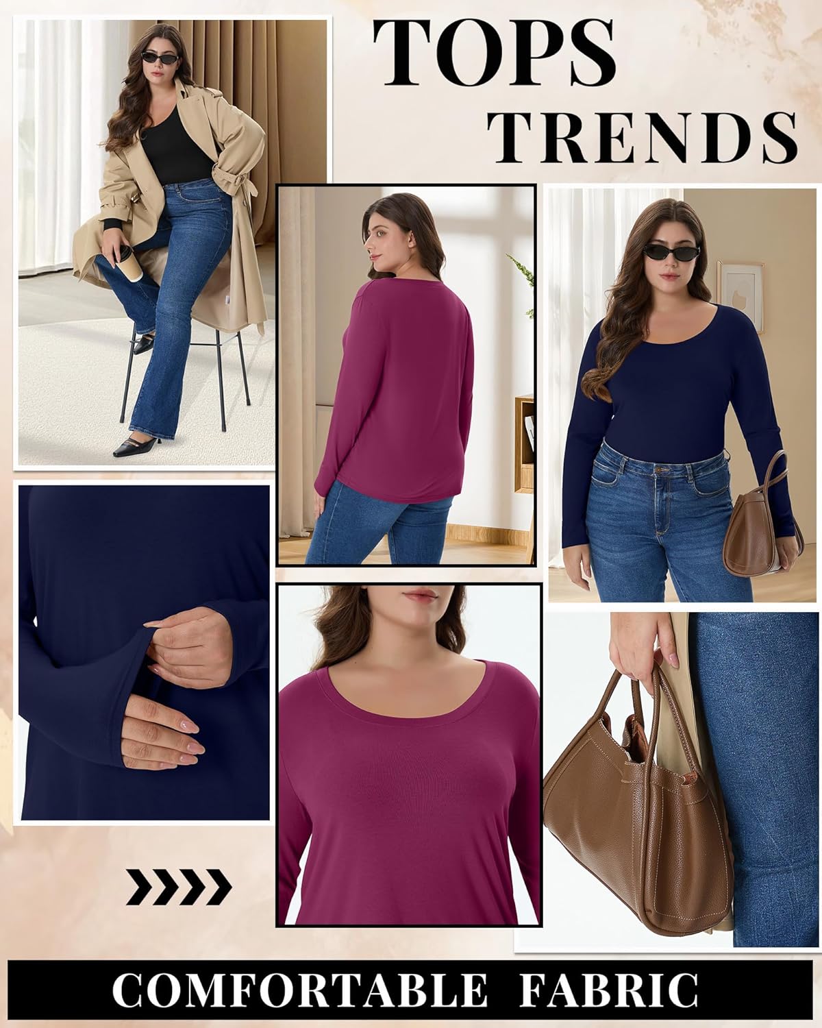 4 Pack Women's Plus Size Shirts, Casual Long Sleeve Tees Scoop Neck Basic Tops Loose Fit Layering Solid Blouses - Image 5