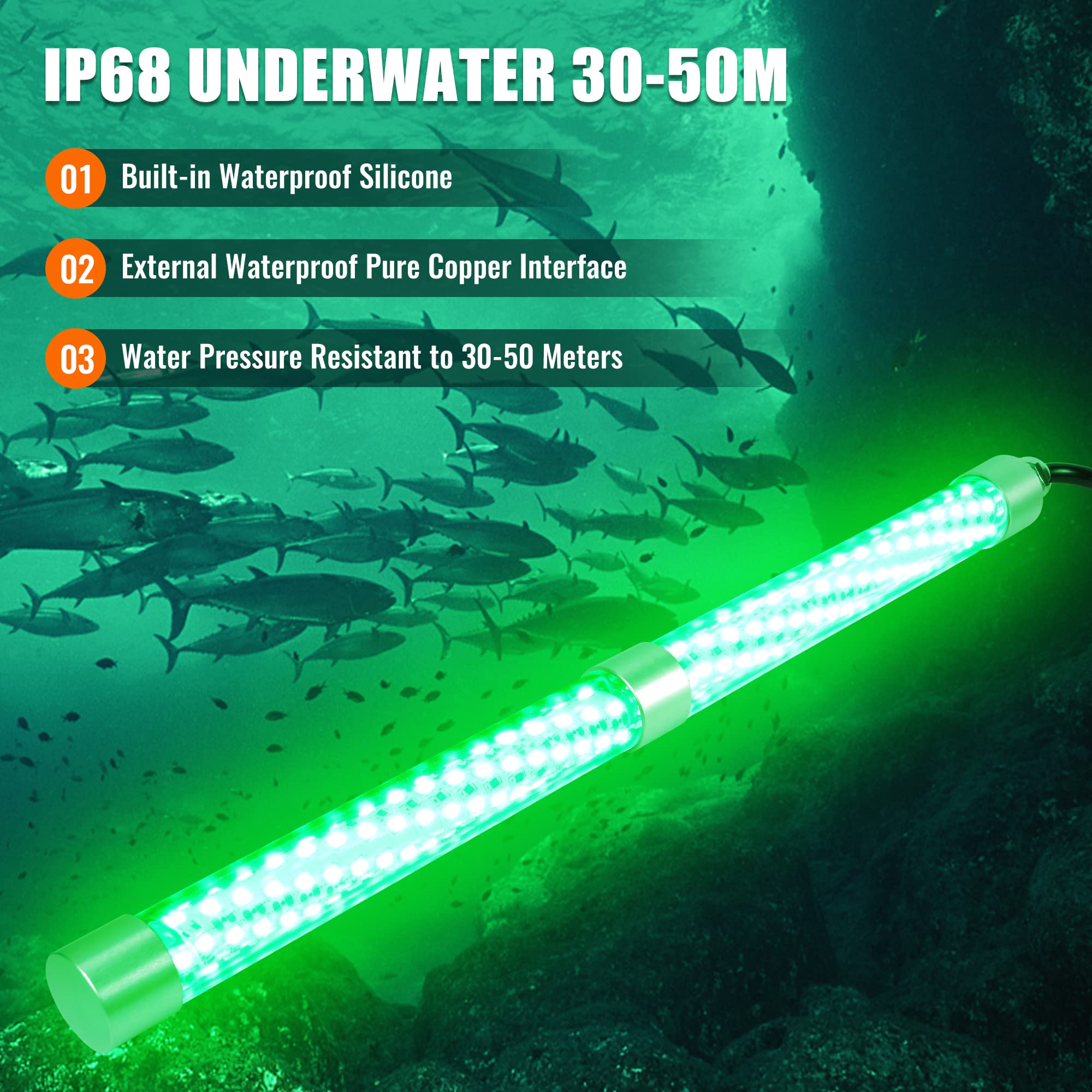 HUSUKU FS0-2 LED Green Underwater Fishing Light, 12V & 110V 16inch 200W 20,000LM 16.4FT Cord Night Fishing Finder, Glowing Fish Attractor, IP68 Submersible Boat Lamp for Snook Crappie Squid Shrimp