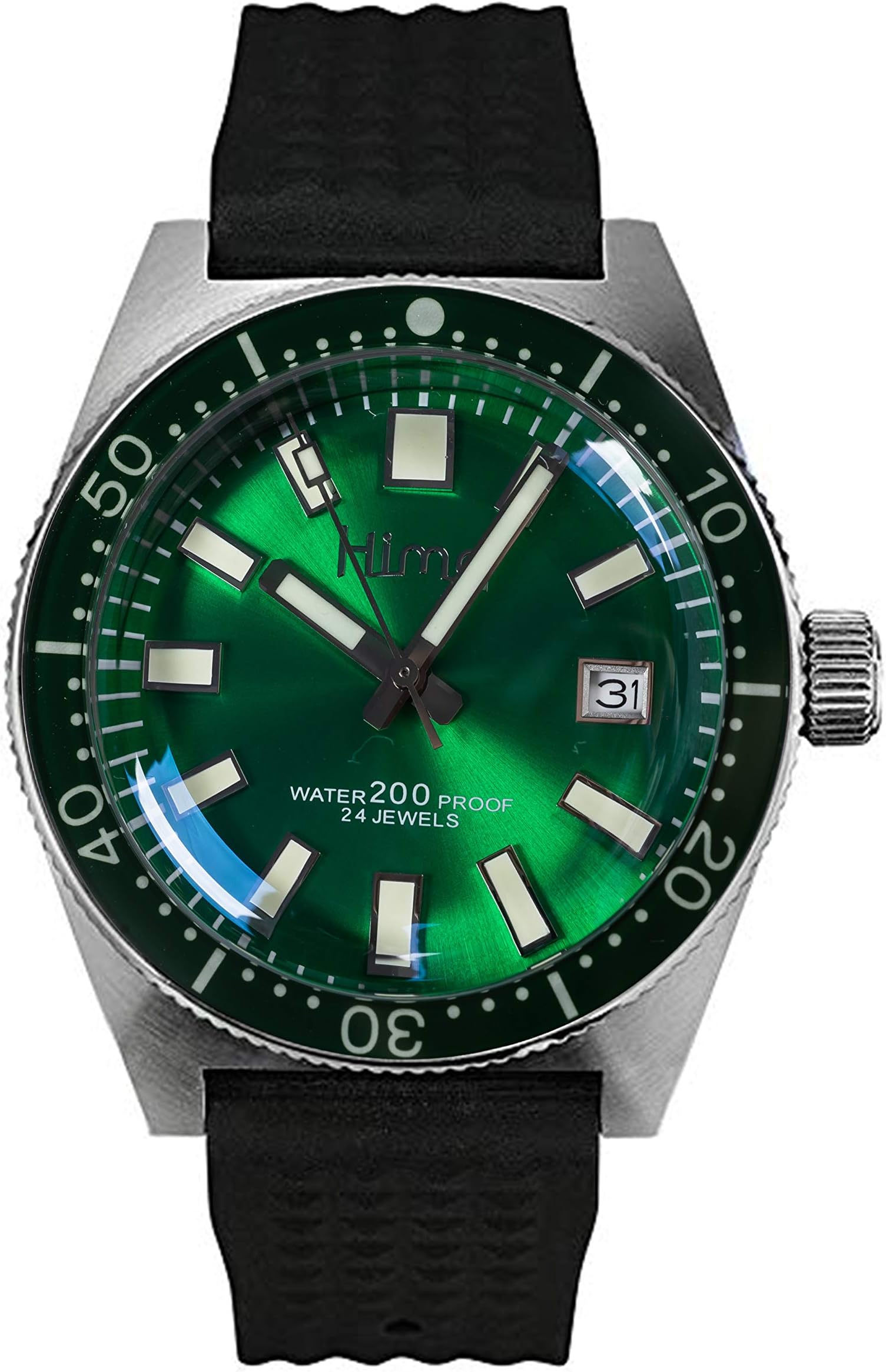 Men's Automatic Analogue 62Mas Watch with Rubber Strap Green Dial Mineral Glass
