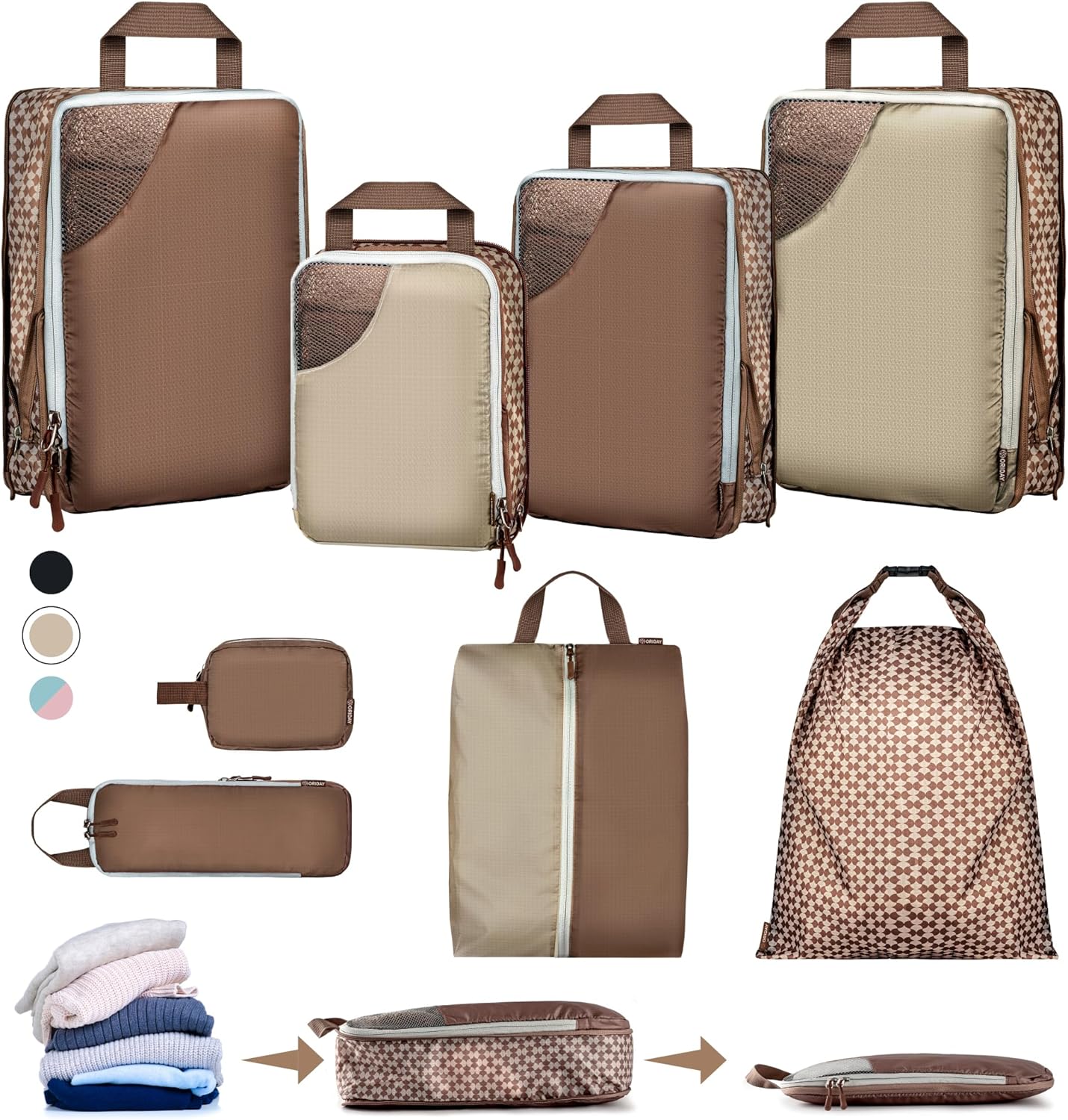Oriday Set of 8 compression packing cubes for travel accessories- Expandable bags for clothing, toiletry, backpacks, organizing essentials (Beige) Oriday Set of 8 compression packing cubes for travel accessories- Expandable bags for clothing, toiletry, backpacks, organizing essentials (Beige)