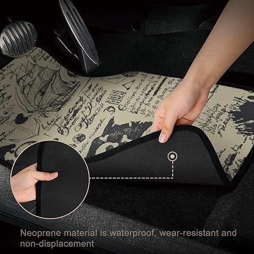 Miniatura 4 de Juego de 4 tapetes para piso de coche, diseño de calavera de barco pirata, diseño de mapa del tesoro, tapete antideslizante y duradero, accesorios