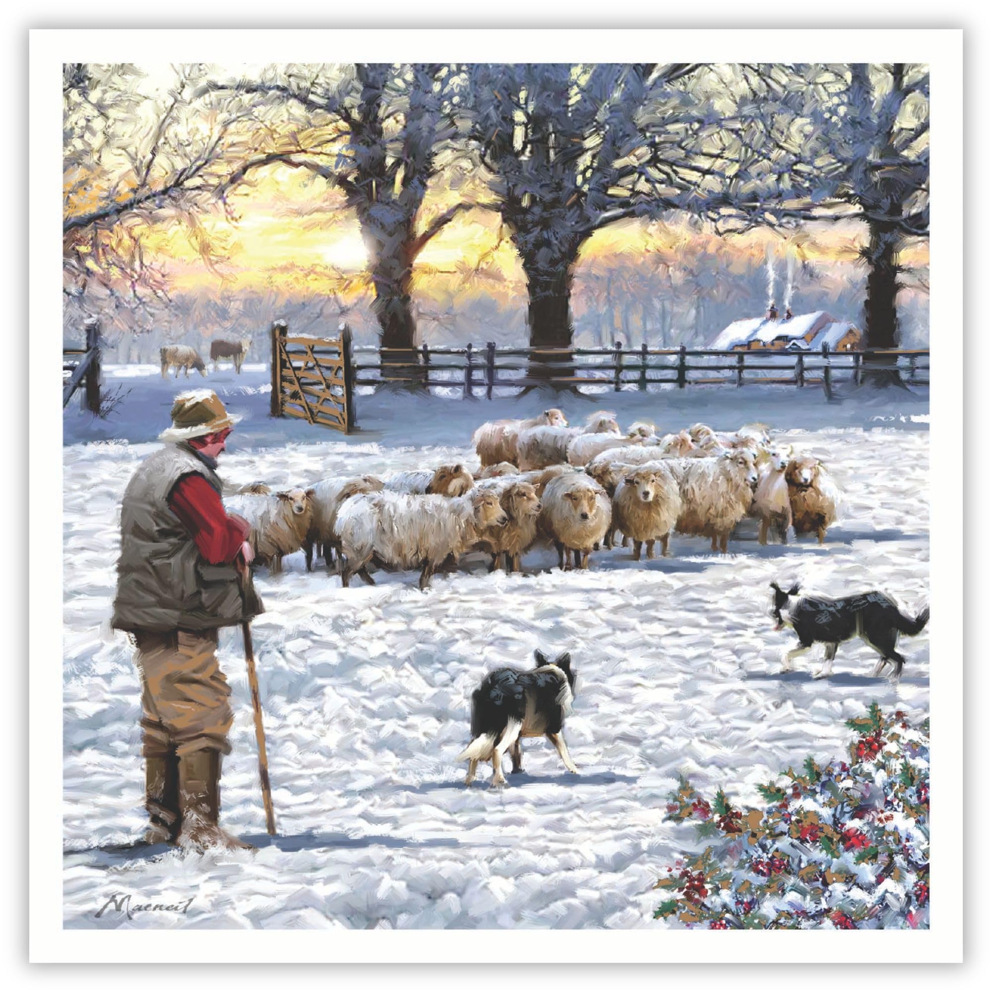 Tracks Publising Charity Christmas Cards Pack of 5 - Sheep Farmer and Dogs in the Snow - Foil Finish - Festive Christmas Cards Multipack - In Aid of Rainbow Trust