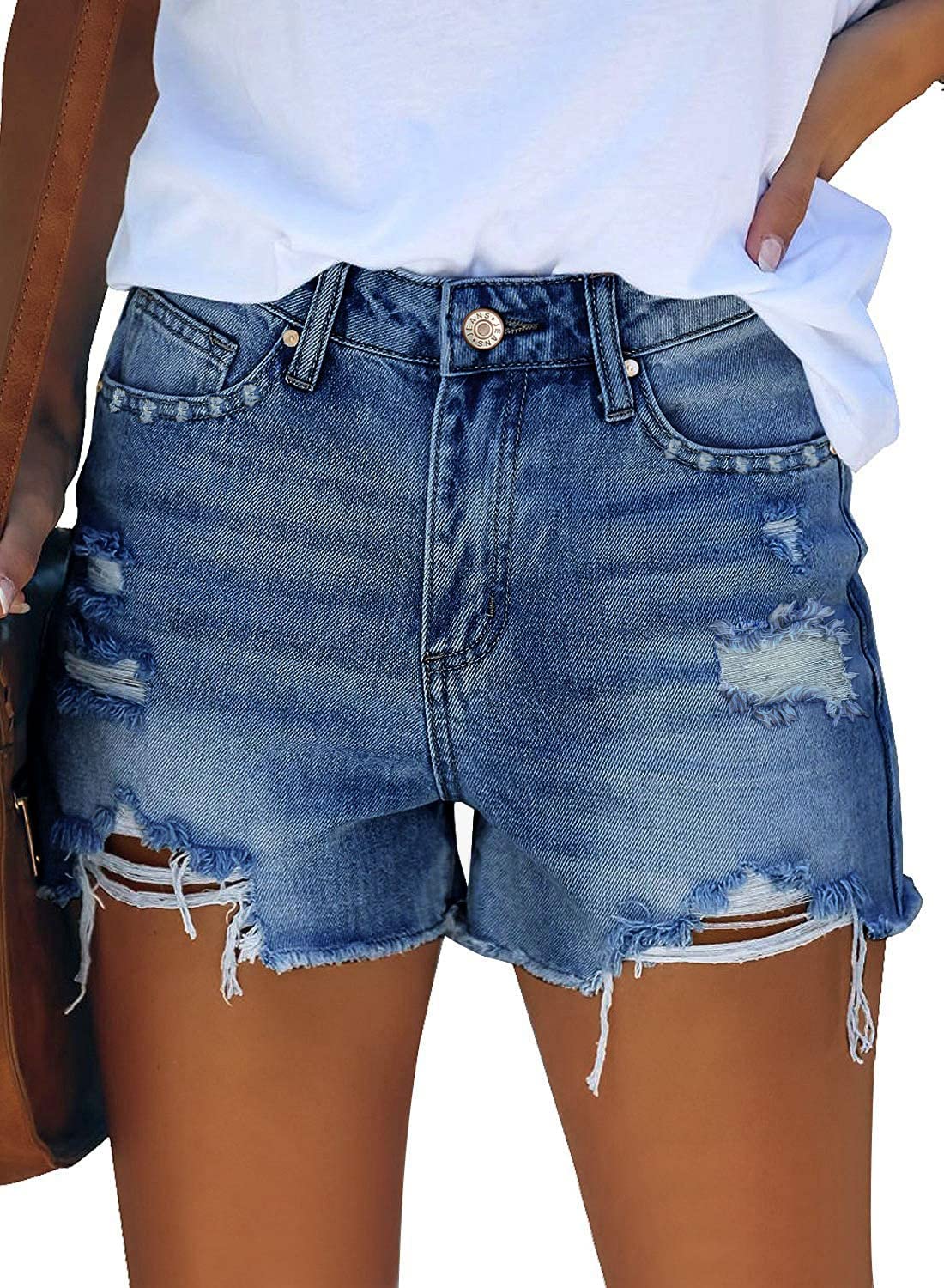 onlypuff Women Denim Shorts Ripped Mid Waisted Jean Shorts with Pockets