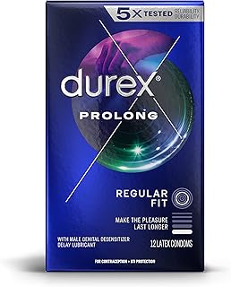 Durex Condom Prolong Natural Latex Condoms, 12 Count - Ultra Fine, ribbed and dotted with delay lubricant, Regular Fit