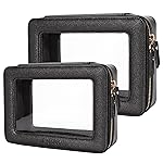Aveniee Clear Makeup Bag Set,Portable Travel Toiletry Bag Cosmetic Case for Women,Vegan Leather Make Up Pouch Organizer Car Bag for Essentials 2pcs,Middle & Large,Black