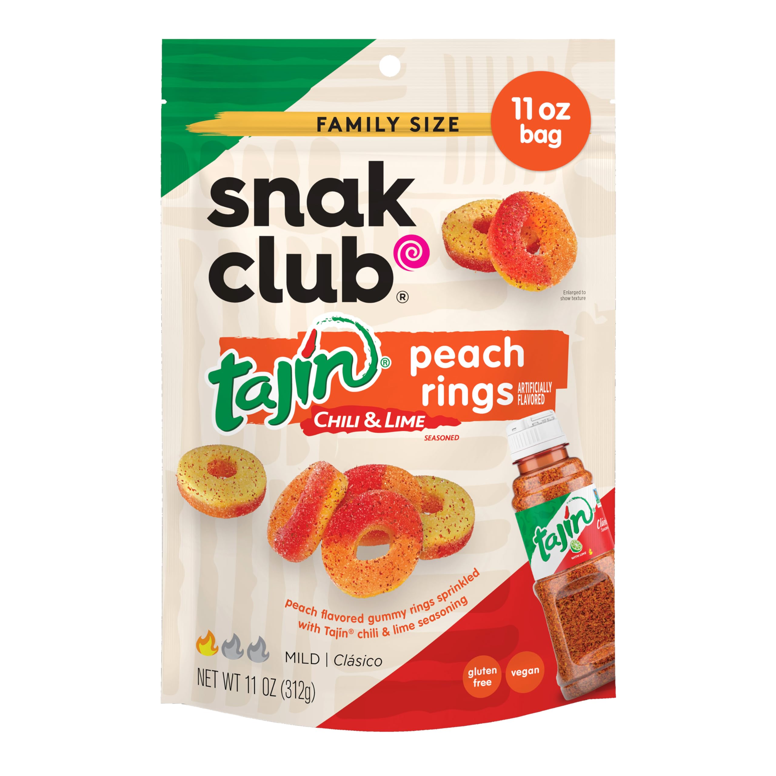 Peach Rings, Tajin Chili & Lime Seasoned, Sweet and Spicy Gummy Candy, Mild in Heat Bold in Flavor, Low-Fat, Vegan, Gluten-Free Snack, Family Size, 11 Ounce
