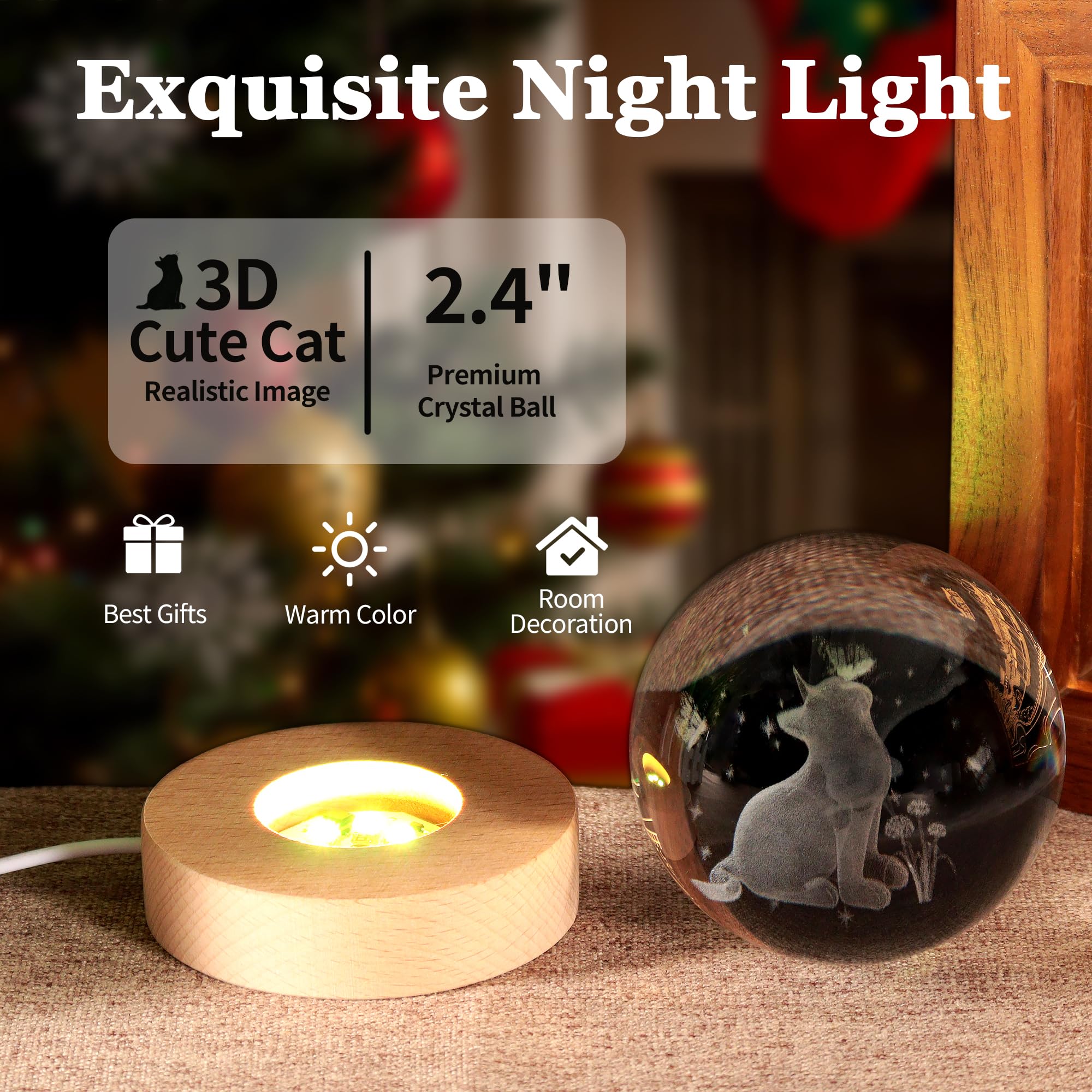 Simpatica lampada a sfera di cristallo con base in legno, idea regalo per amanti dei gatti, fidanzata, mamma, ragazza, Natale, compleanno, festa della mamma, decorazione per la casa