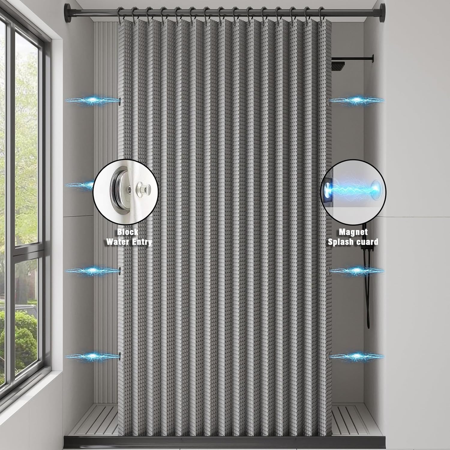 Waffle Pattern Folding Waterproof Shower Curtain for Walk in Shower, Magnetic Fabric Shower Curtains for Bathroom, No Liner Needed, 220gsm, Grey, 47"x71"