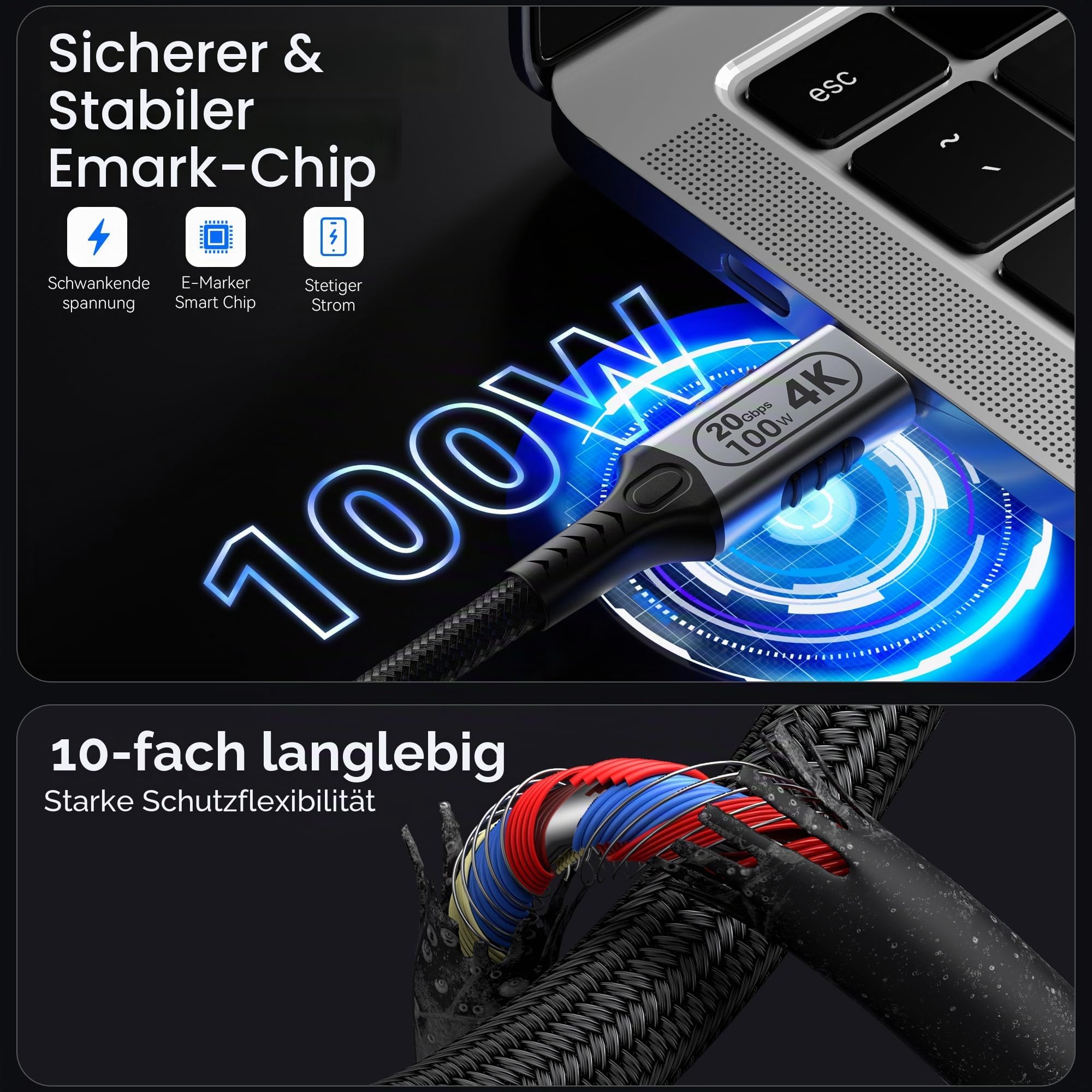 Lang Ladekabel USB C Kabel 6M, USB C 3.2 Gen2 Schnellladekabel,20 Gbps Datenübertragung, 100W 20V/5A Ladekabel,4K @ 60Hz Videoübertragung für