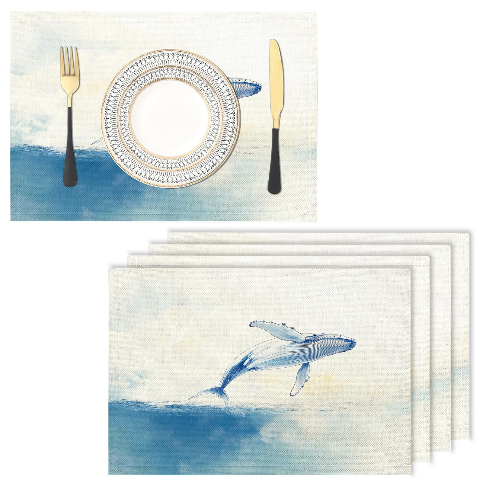 Set de table en tissu lin baleine bleu parfait pour décoration de mariage