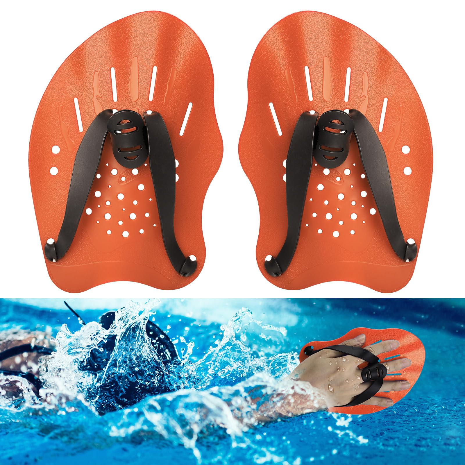 Hianjoo 1 Pair Swimming Hand Paddles for Adult and Junior, Power Strength Train Swim Fins Pool Exercise Swimming Accessories for Novice and Professional Use（Orange）