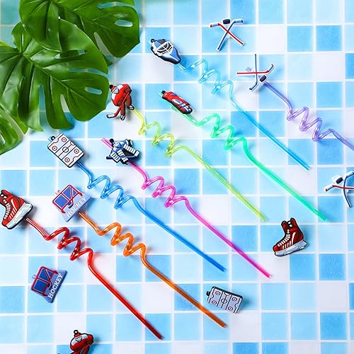 Miniatura 6 de Roshtia 24 popotes de hockey sobre hielo, pajitas rizadas y retorcidas para fiesta, pajitas locas, regalos de fiesta de hockey, popotes