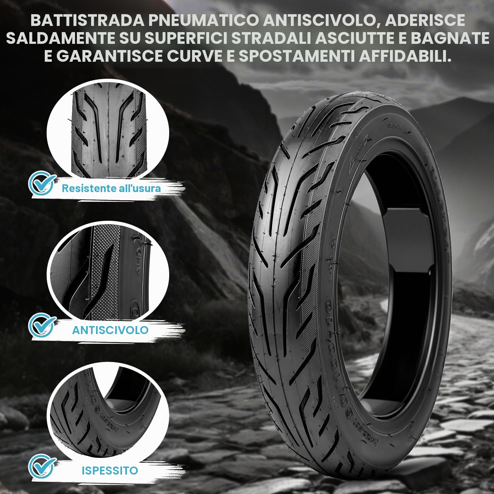 MEGHNA Pneumatico senza tubo da 14 pollici Solid Tires (14 x 2,50) per bicicletta elettrica – Pneumatico autorigenerante antiforatura, 60/100-10, 36 PSI – Rivestimento robusto senza tubo