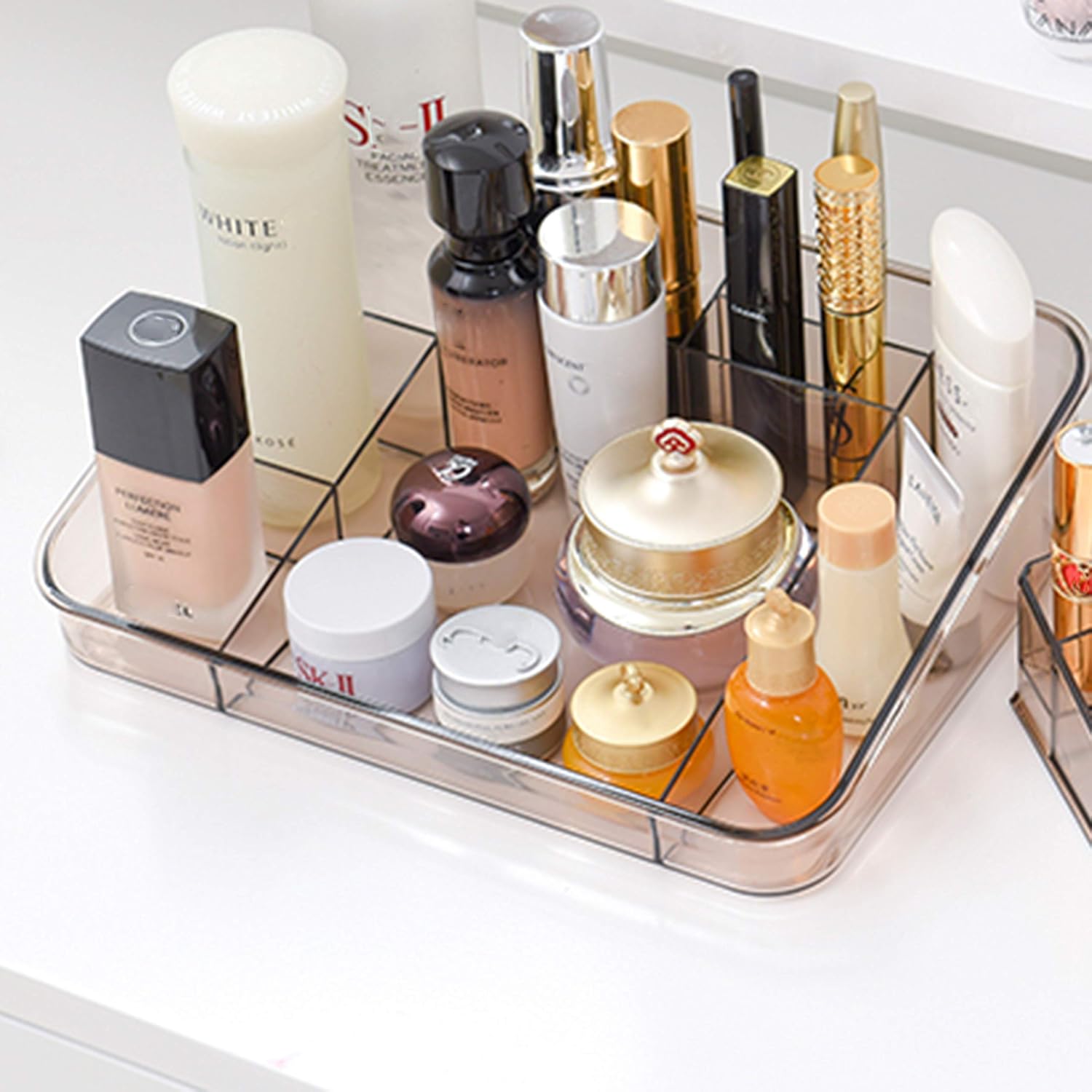 Dseap Makeup Organizer Countertop - Acrylic, 8-Compartments, Large Capacity - Vanity Organizer, Makeup Storage Organizer, Make up Holder Container Shelf, Brown