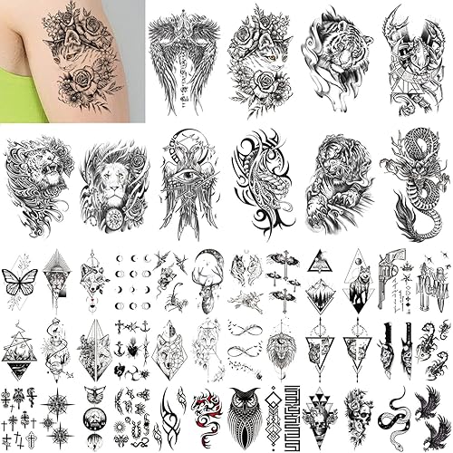 GLARYYEARS Tatuaje temporal para hombres y adultos, paquete de 46 tatuajes de animales realistas de tamaño pequeño, tamaño grande, paquete variado,