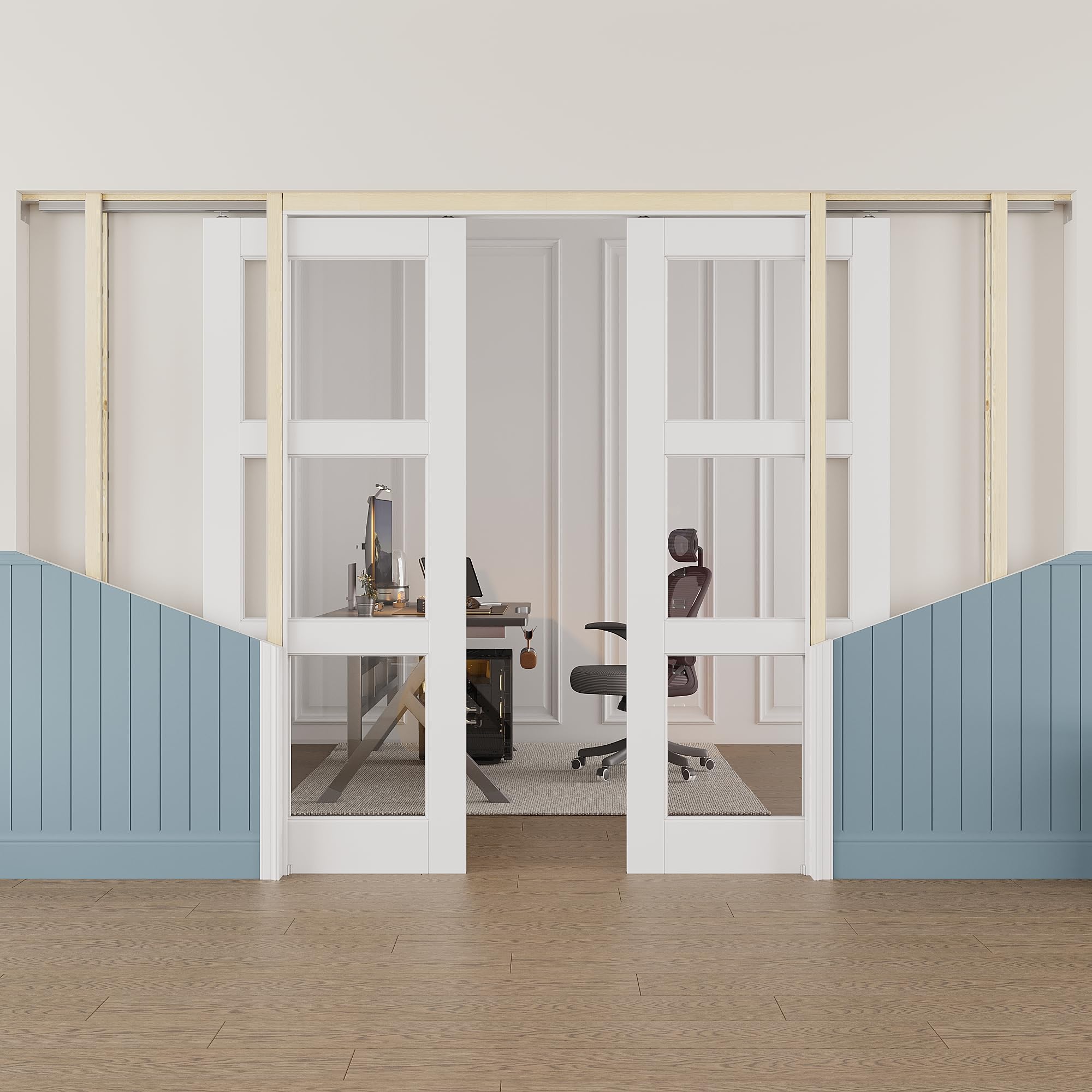 60x80 Sliding Double Pocket Door,3 Lite Clear Glass Doors,Hidden Doors