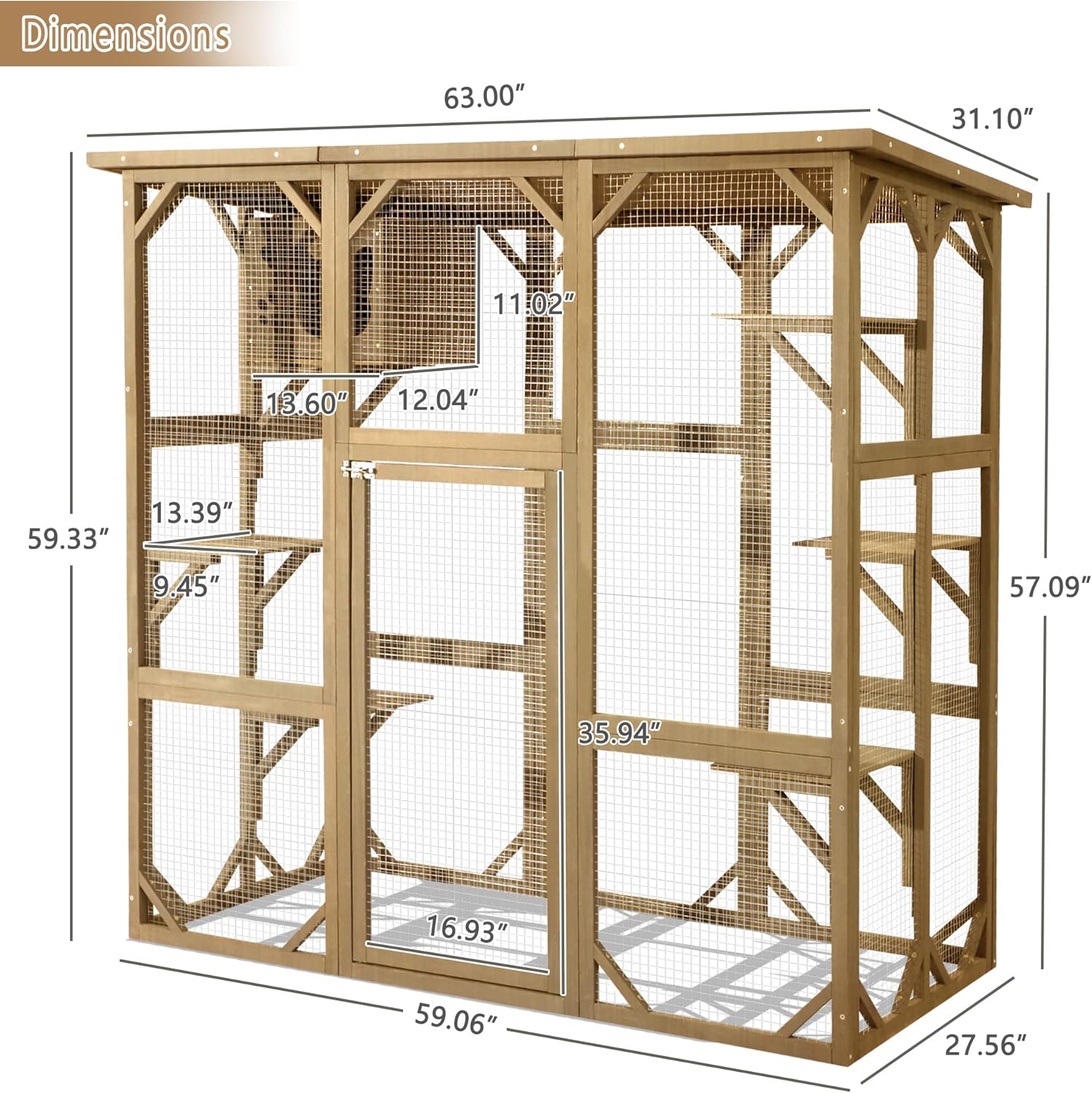 MAGIC UNION Large Fir Wooden Outdoor Indoor Catio Cat Enclosure with Weather Protection Roof with Cattery and 5 Platforms (Natural)