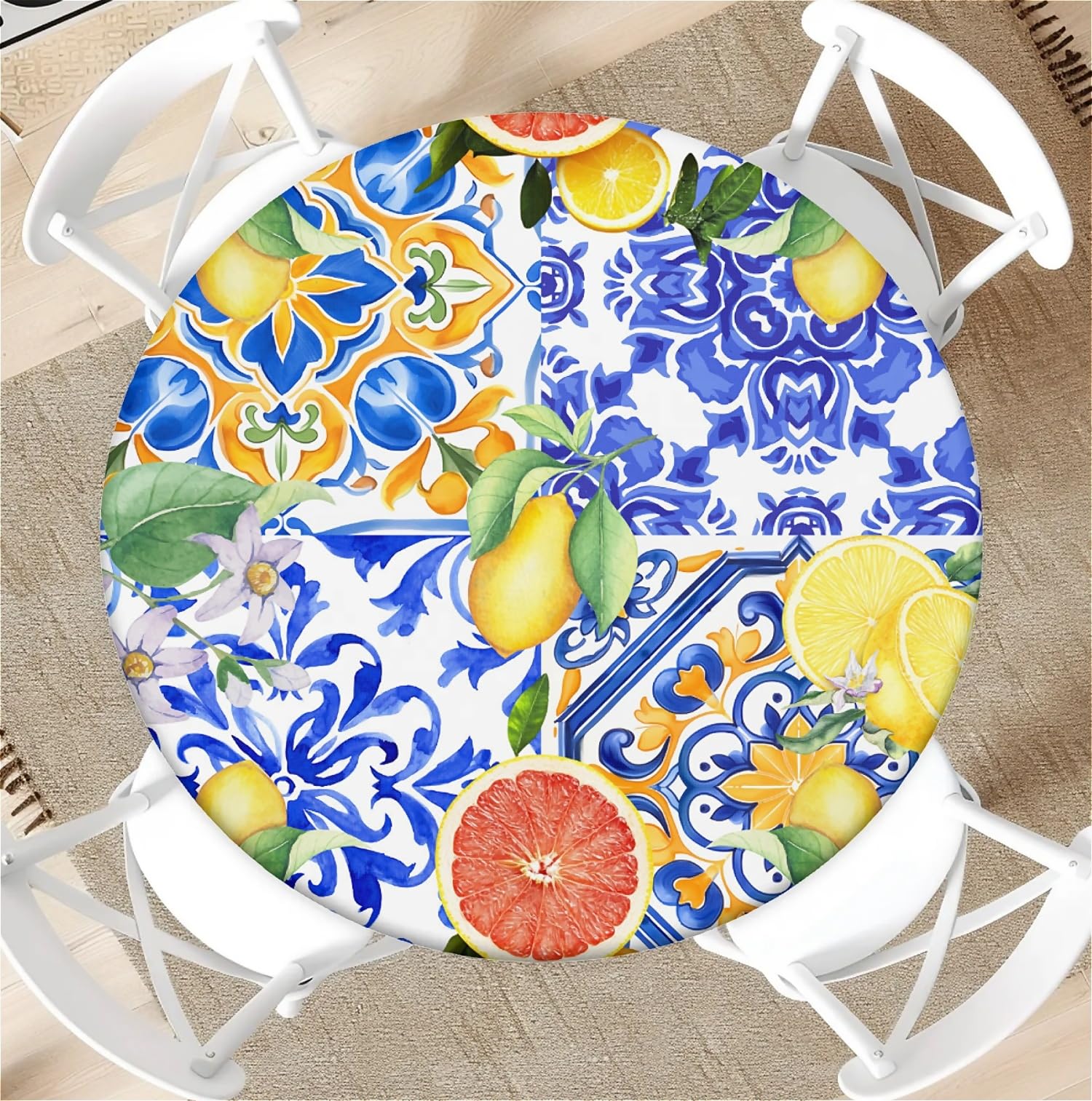artslion Outdoor round tablecloth with elastic band Ø 52in(130cm) Elastic Garden Tablecloth with Lemon blood orange Pattern