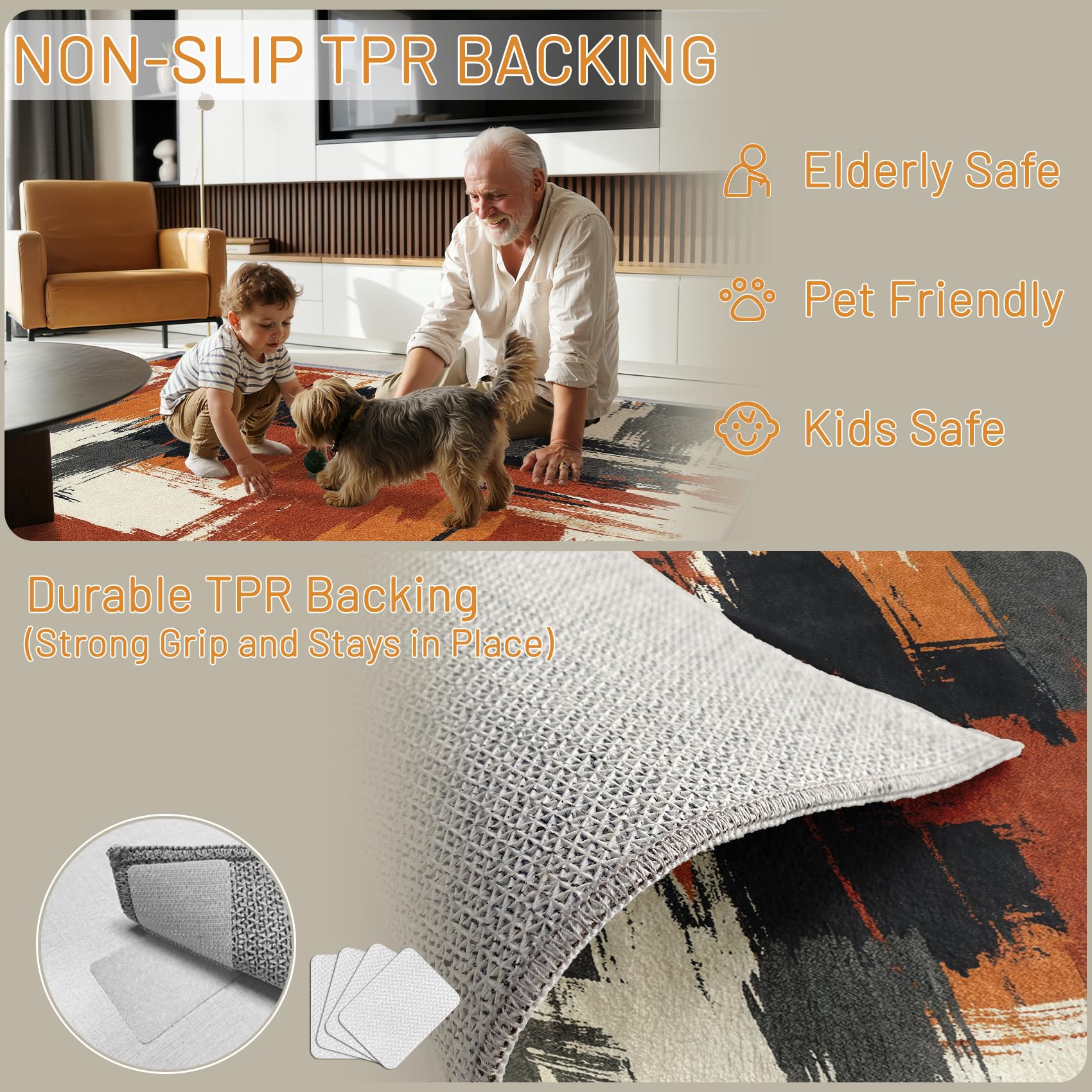 Teppich Terrakotta Abstrakt - Teppiche Wohnzimmer Schlafzimmer Beige Orange, Großer Teppich Vintage Graffiti, Weich Kurzflor & Waschbar & rutschfest Wohnzimmerteppich 200x300 cm