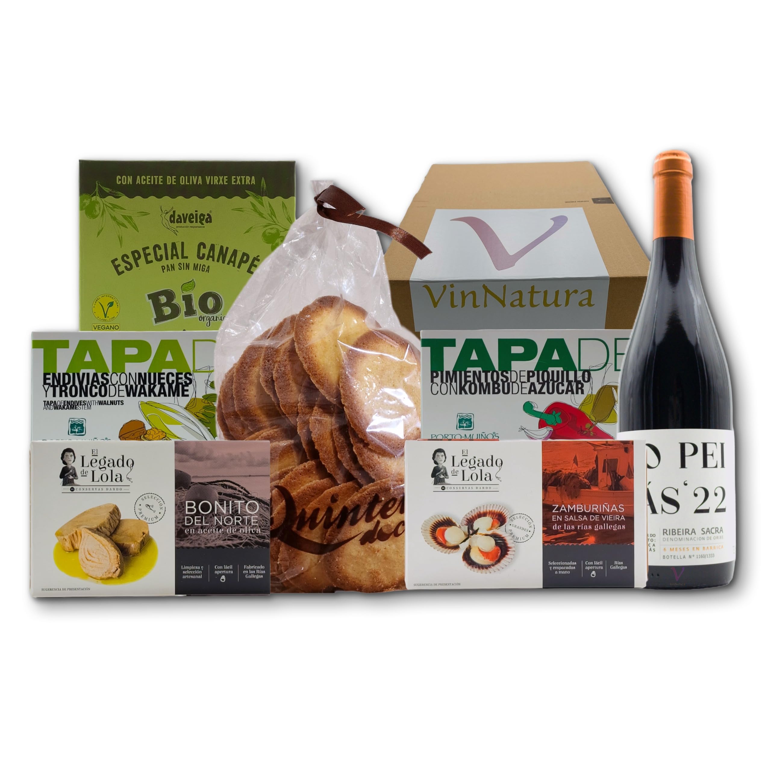 Caja Gourmet Cortegada de VinNatura con Conservas Artesanas y Vino Mencía | Regalo gourmet gallego, regalos de empresa, cesta con vino, elaboración tradicional, tarjeta personalizable