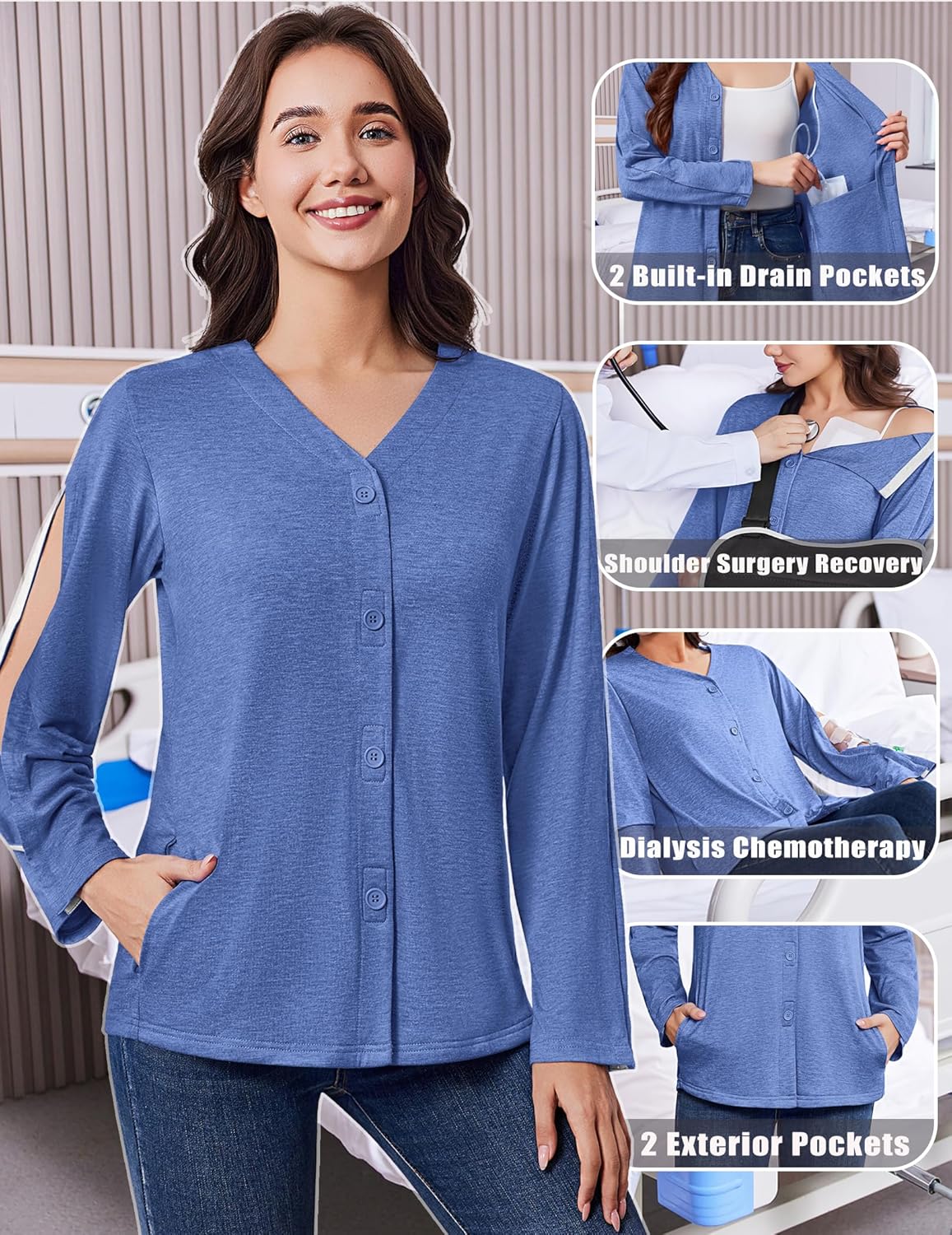 Deyeek Mastectomy Shirts with Drain Pockets Tear Away Side Snap Post Shoulder Surgery Shirts Women Chemo Port Dialysis Shirt - Image 4