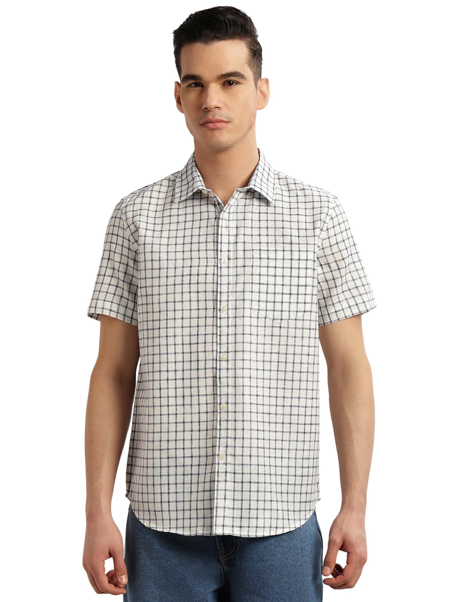 Thomas Scott Camicia da uomo a quadri, mezza manica, vestibilità aderente, misto lino, collo largo, camicia casual